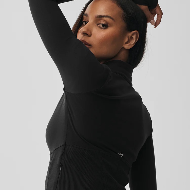 (W) Alo Yoga Airbrush Corset Full Zip Jacket Black, (W) Alo Yoga Splendor Bra Black 착용 스타일 - 4