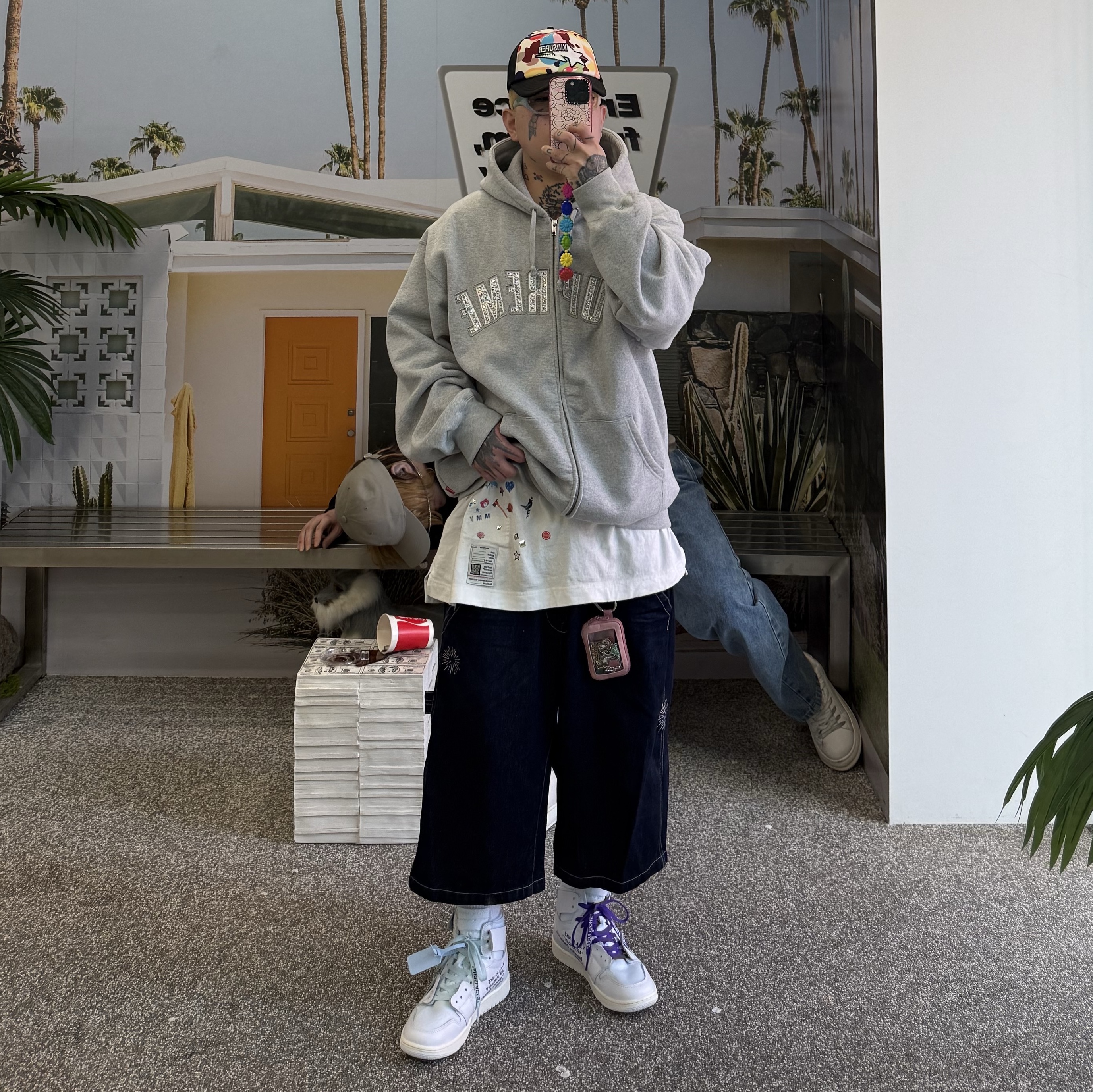 Jordan 1 x Virgil Abloh Archive Retro High Alaska White, Supreme x B.B. Simon Zip Up Hooded Sweatshirt Heather Grey - 25SS 착용 스타일 - 1