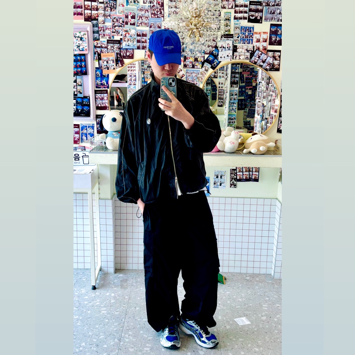 Asics Gel-Kayano 14 Monaco Blue Black, (W) Matin Kim Logo Coating Jumper Black 착용 스타일