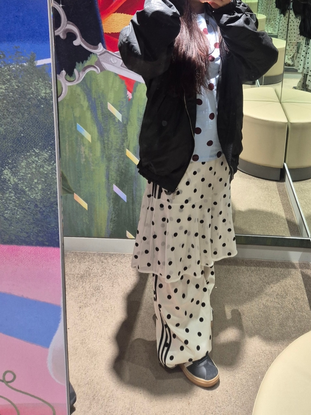 (W) Adidas Originals Polka Dot Slim Long Sleeve Top Clear Sky - KR Sizing, (W) Adidas Originals Sheer Polka Dot Skirt Off White - KR Sizing 착용 스타일