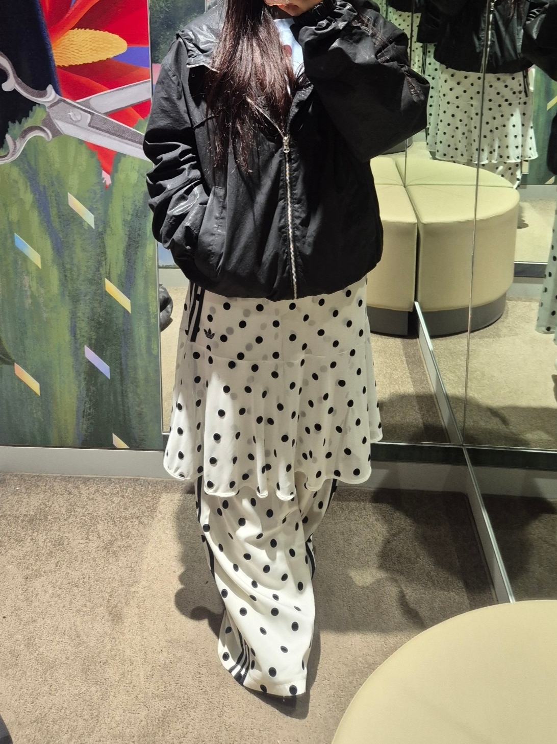 (W) Adidas Originals Sheer Polka Dot Skirt Off White - KR Sizing, (W) Adidas Originals Satin Polka Dot Wide Leg Pants Off White - KR Sizing 착용 스타일