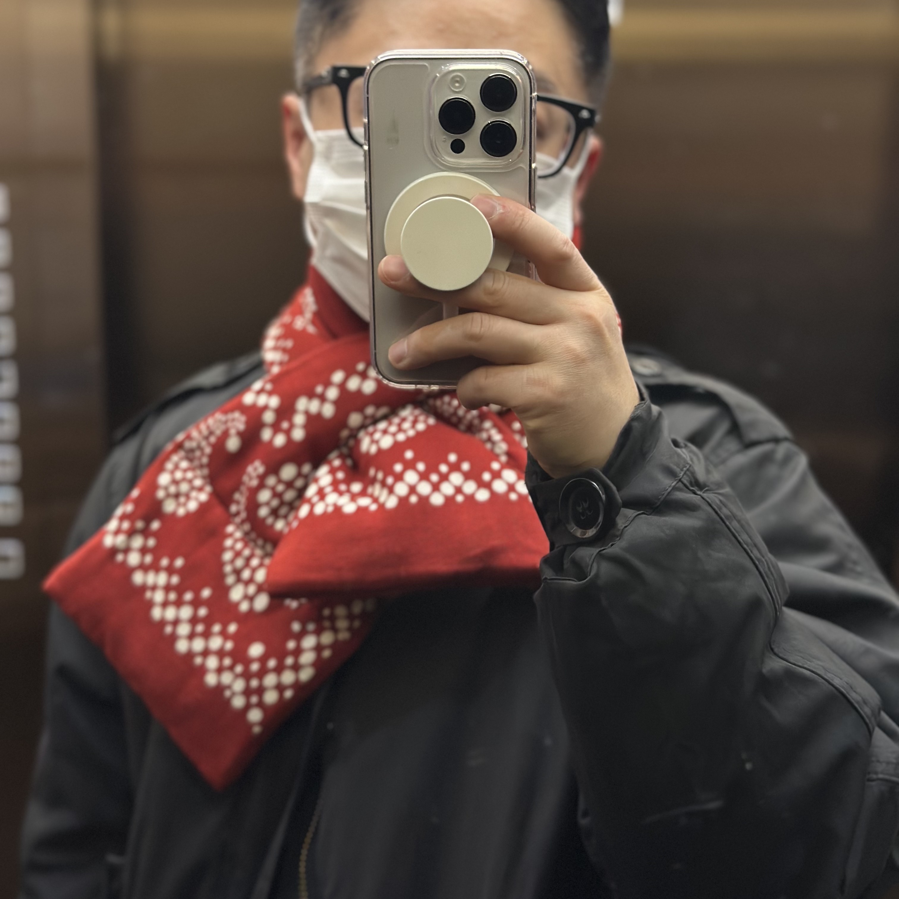 Kapital Linen Rayon Bandana Pattern Kesa Muffler Red 착용 스타일