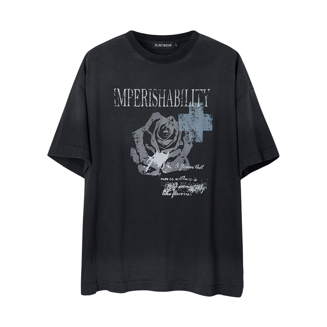 플레이버리즘 빈티지 크로스 앤 로지스 티셔츠 페이디드 블랙(Flavorism VTG Cross & Roses T-shirt Faded Black)