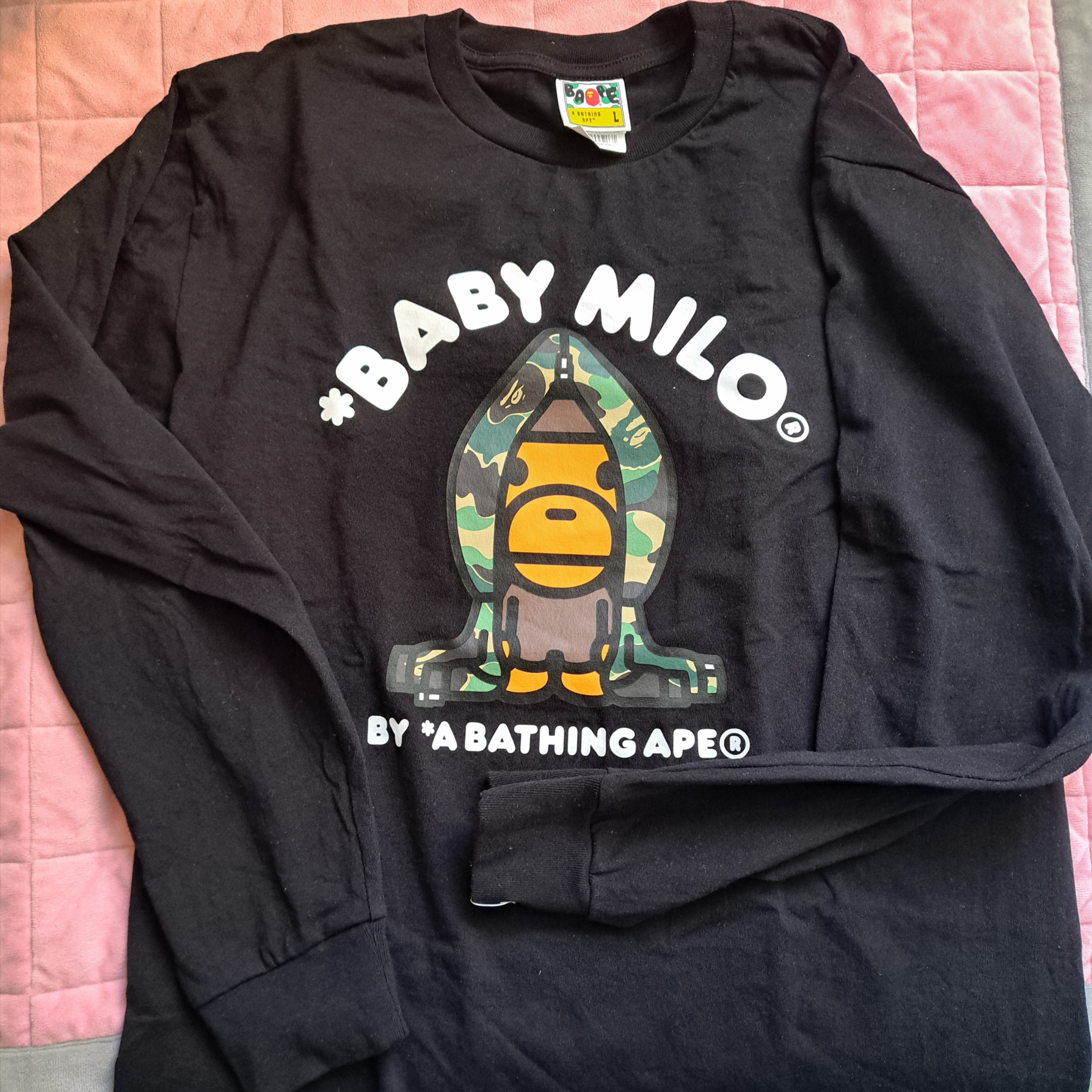 BAPE ABC Camo Milo Hoodie L/S T-Shirt Black Green 착용 스타일