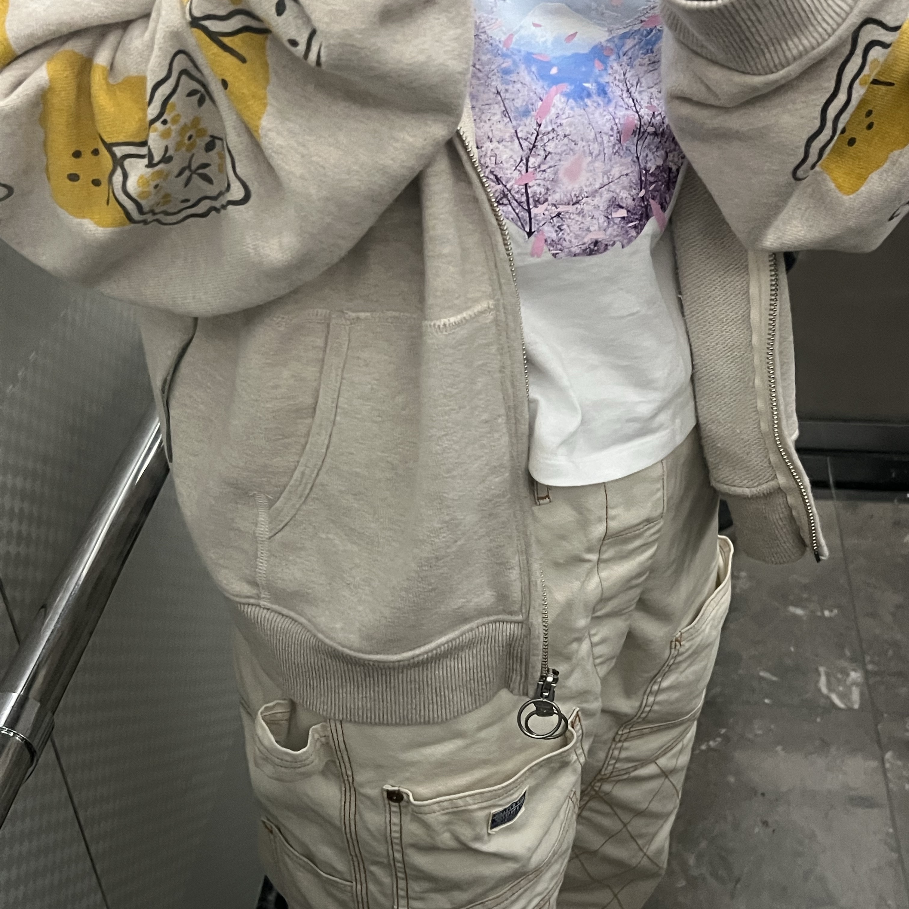 Kapital Thin Canvas Lumbar Pants Kinari, Kapital Fleece Zip Up Gym Hoodie Kinari 착용 스타일