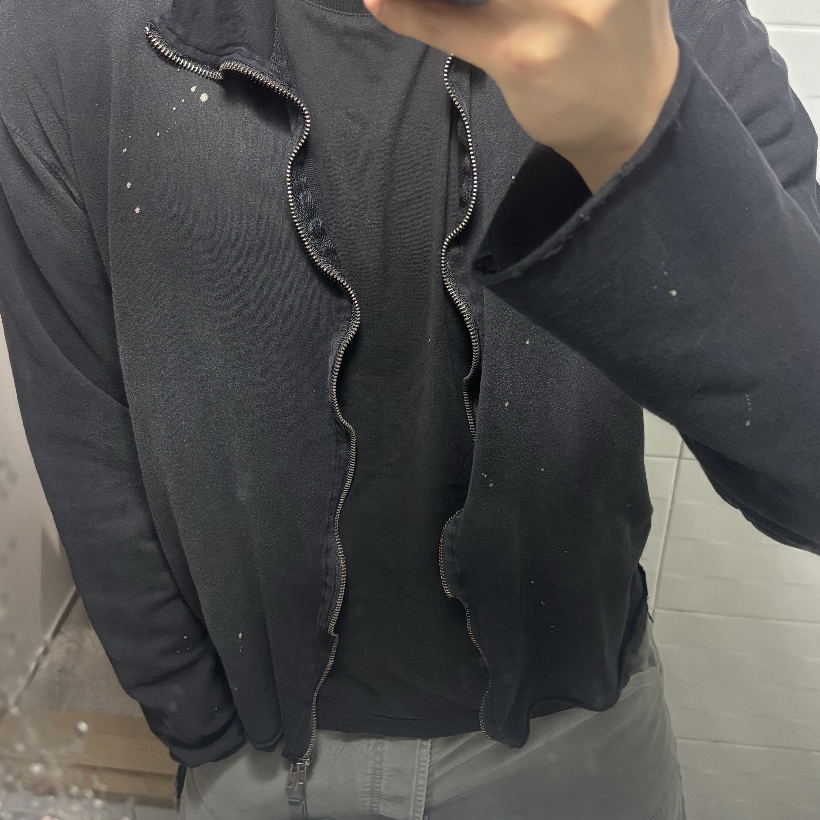 Undermycar Army Canvas Carpenter Pants Midnight Teal, Undermycar Vintage Waving Zip Slim Fit Zip-Up Black 착용 스타일