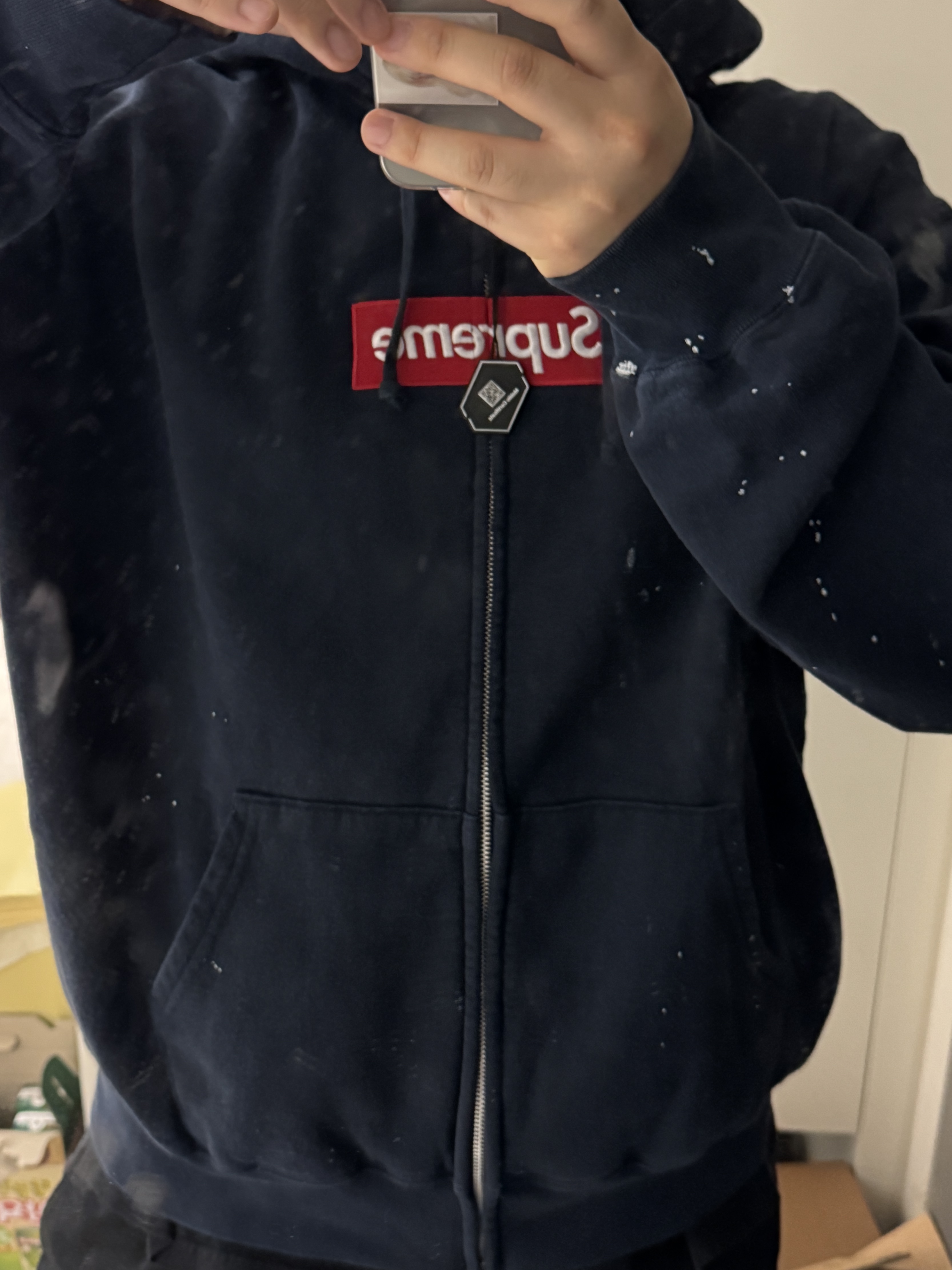 Supreme x MM6 Maison Margiela Box Logo Zip Up Hooded Sweatshirt Navy - 26SS 착용 스타일 - 2