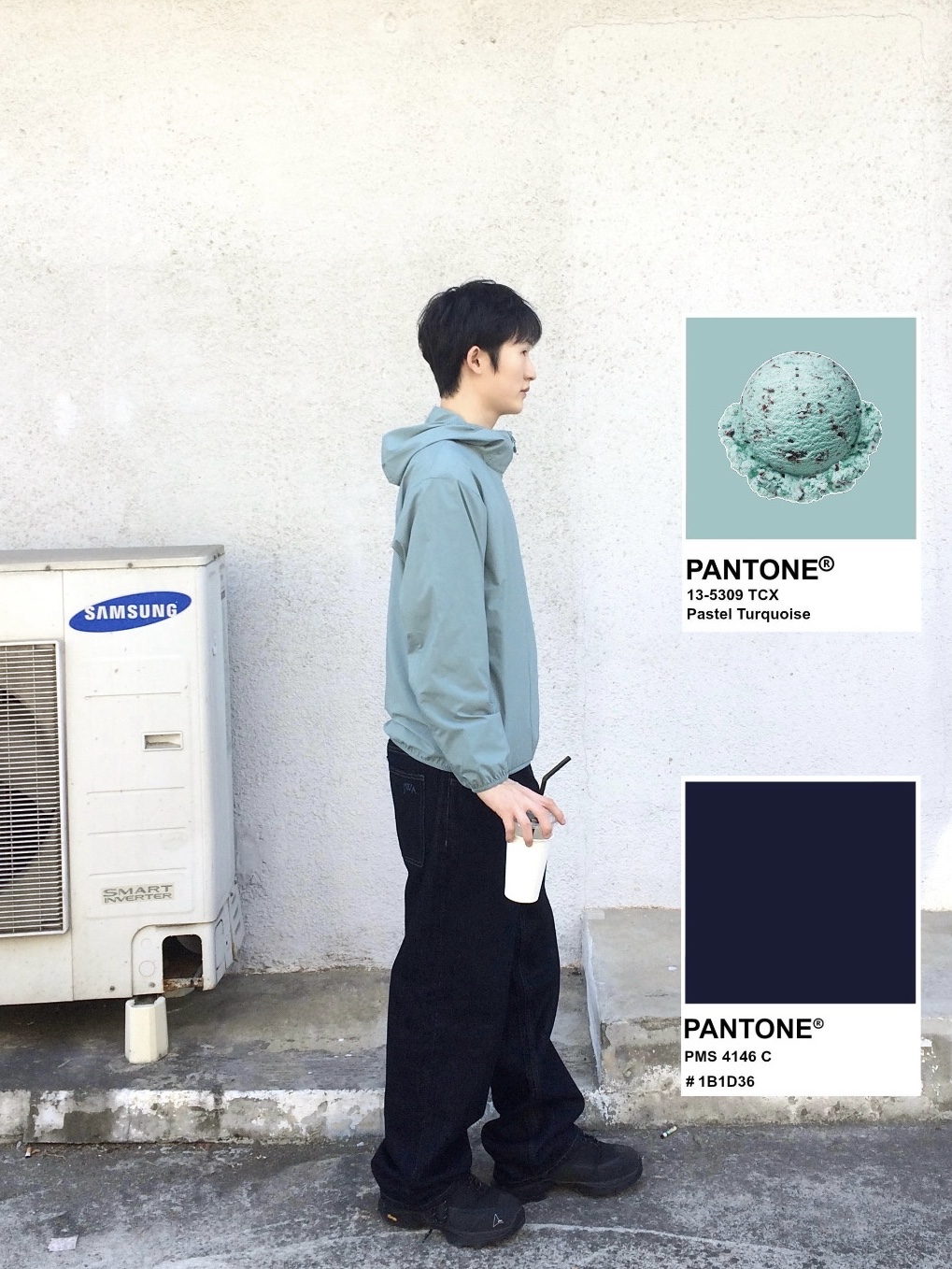 Uniqlo Pocketable UV Nanodesign Parka Green - JP, Uniqlo x JW Anderson Straight Jean Blue - KR 착용 스타일 - 1
