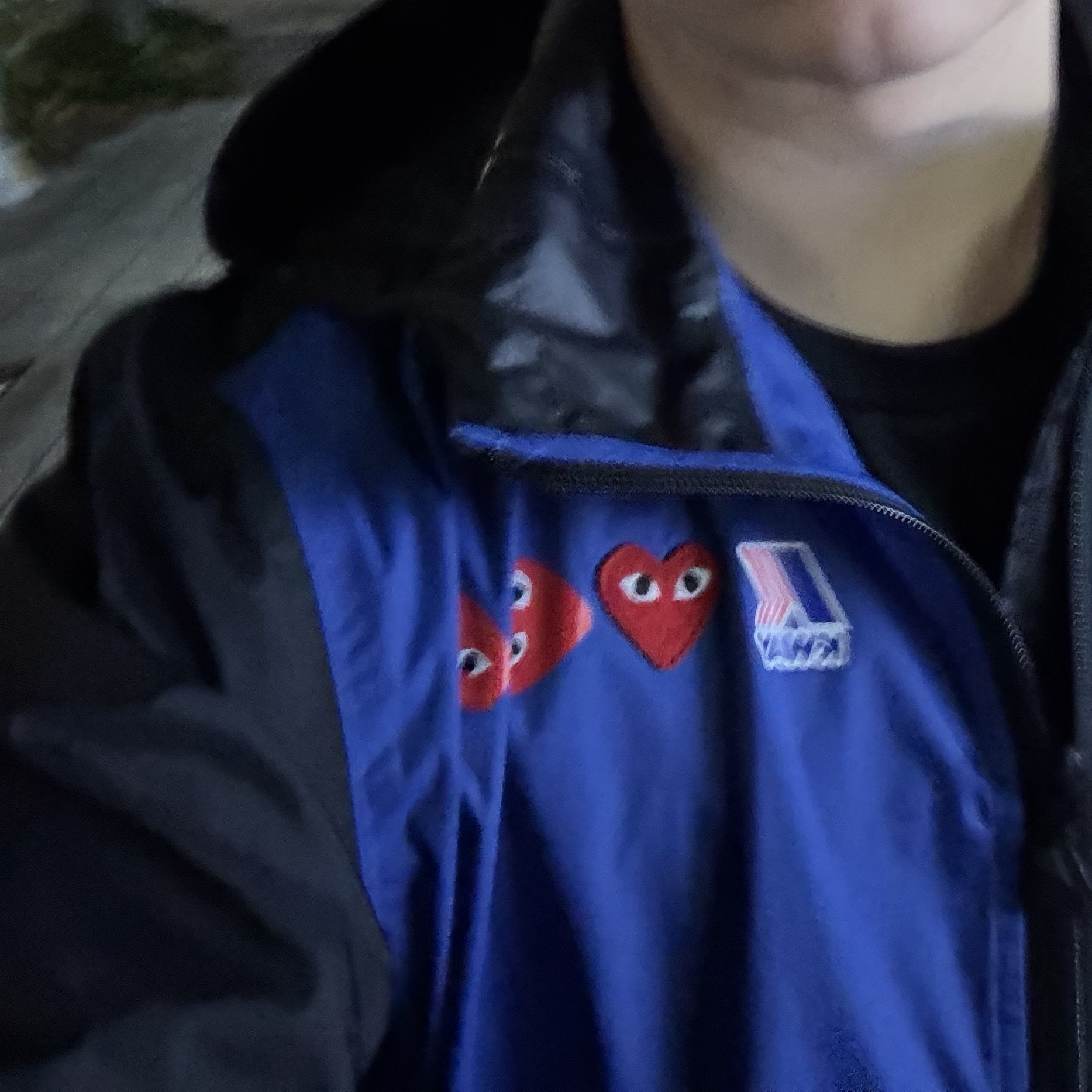 Play Comme des Garcons x K-Way Full Zip Jacket Blue Black 착용 스타일