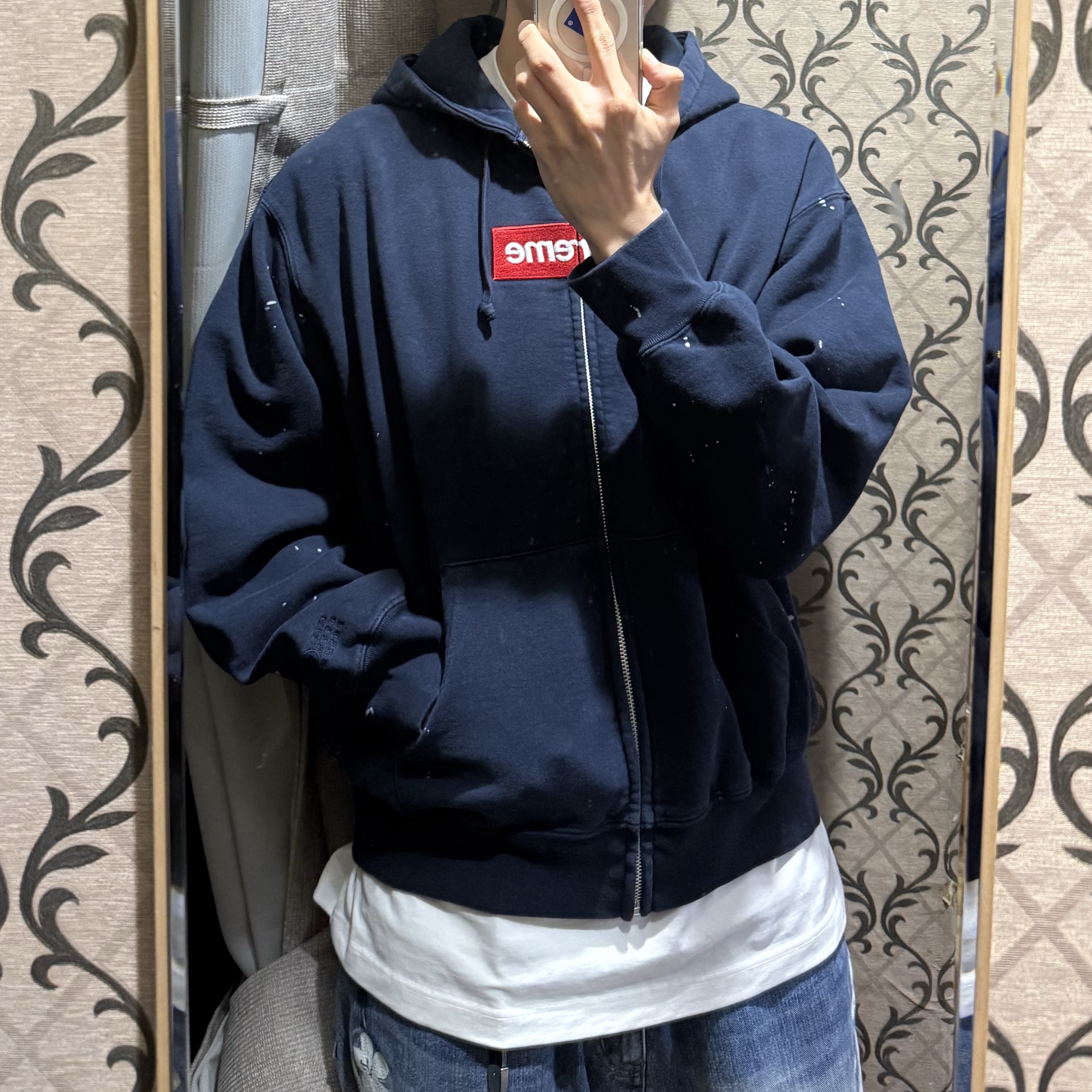 Supreme x MM6 Maison Margiela Box Logo Zip Up Hooded Sweatshirt Navy - 26SS 착용 스타일