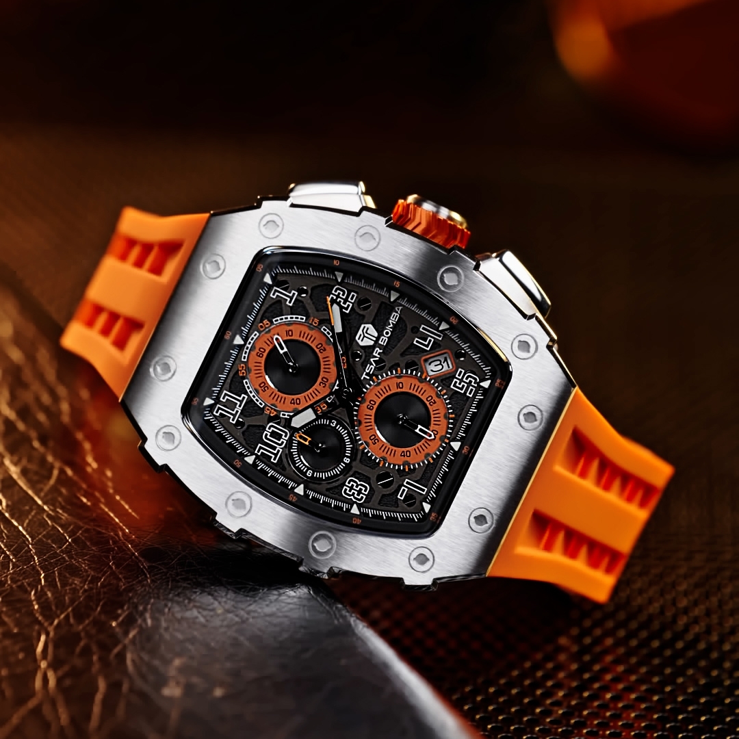 Tsar Bomba Elemental Chronograph Calendar Quartz  TB8204Q-11 Silver/Orange 착용 스타일 - 6