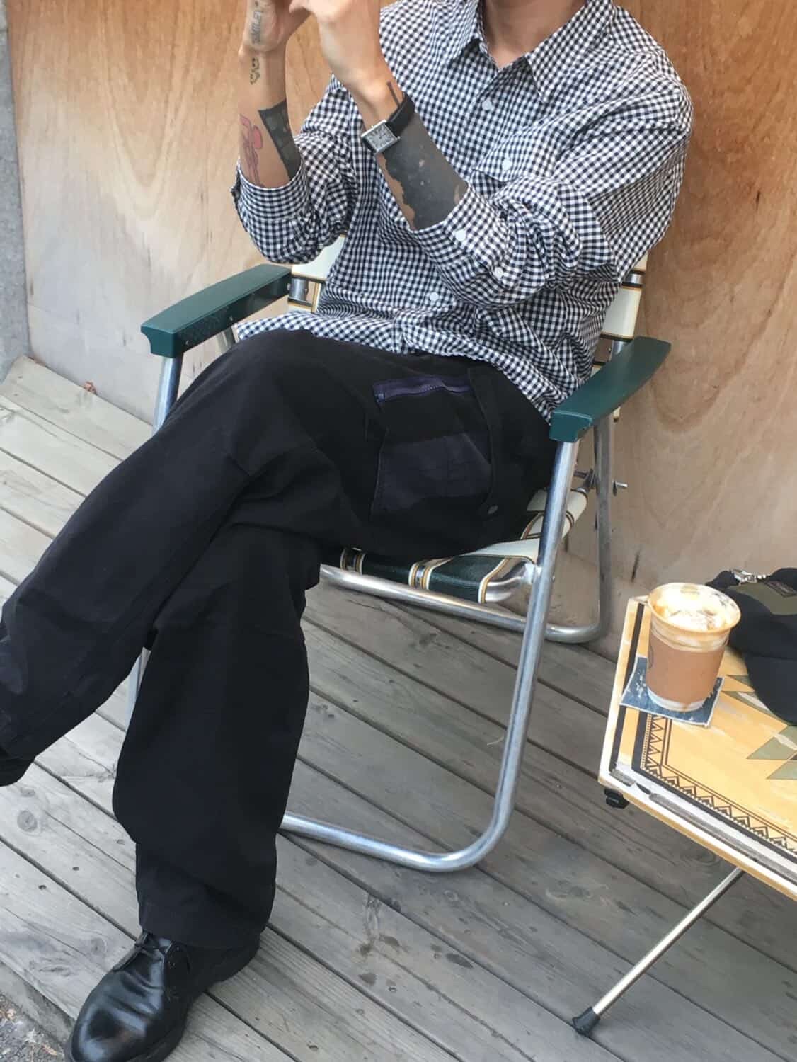 CHOWOO Mixed Fabric m65 Pants Washed Navy, CHOWOO One Pocket Regular Check Shirt Navy 착용 스타일 - 3