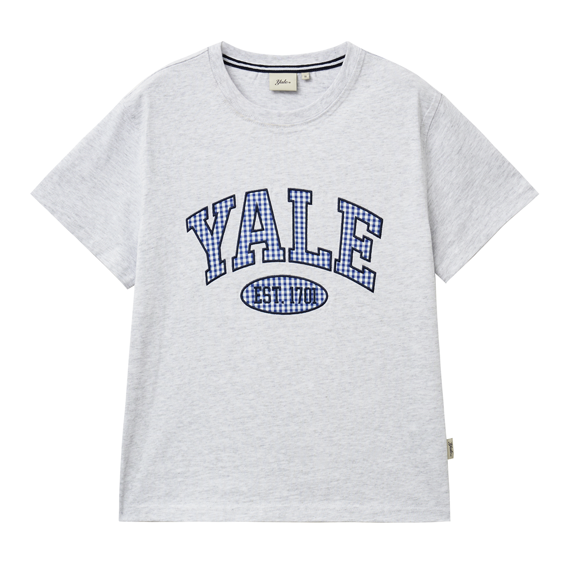예일 우먼즈 시어서커 체크 투톤 아치 티셔츠_라이트 그레이(Yale Women’s Seersucker Check Two-Tone Arch T-Shirt_Light Gray)