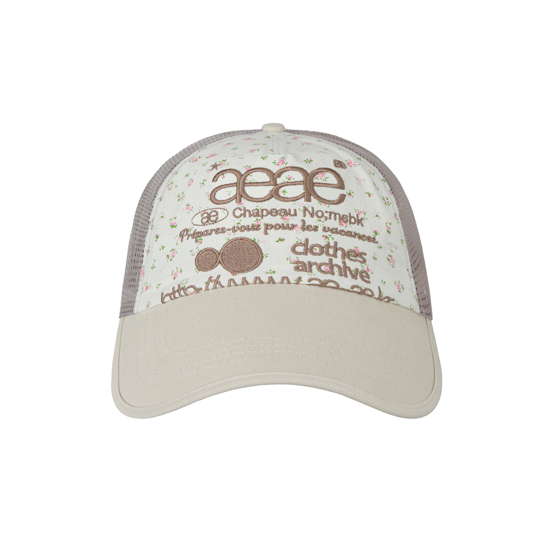에이이에이이 웹 로고 플라워 메쉬 캡 화이트 & 베이지(AEAE Web Logo Flower Mesh Cap White & Beige)