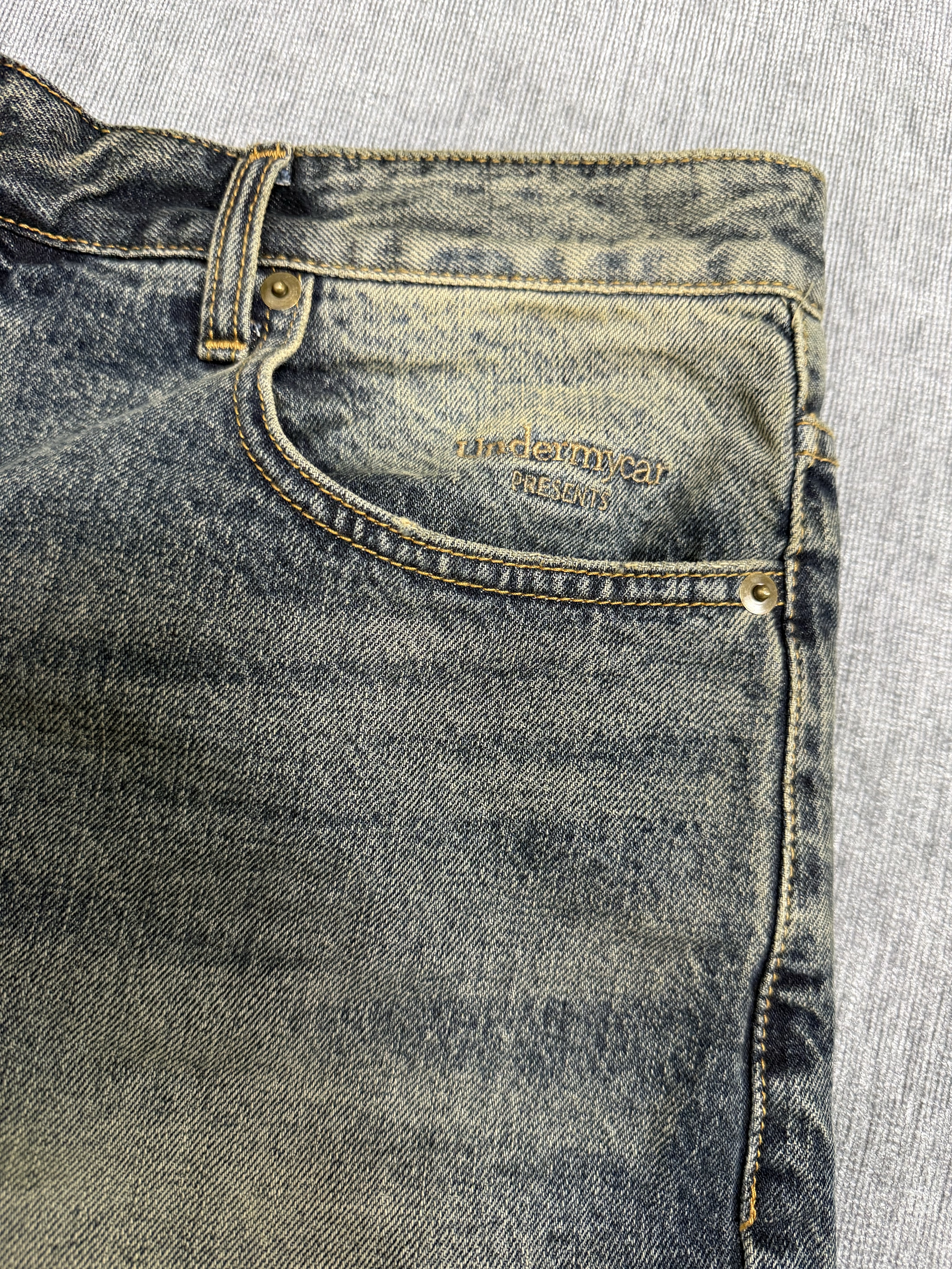 Undermycar Mu.26 Anti Fxxking Logo Play Brush Washed Wide Jeans Oil Blue 착용 스타일 - 7