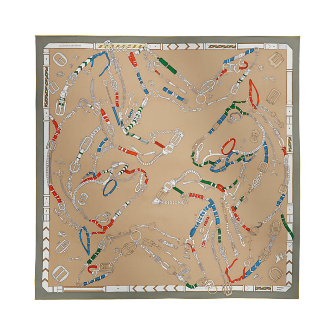 H004096S12 (W) Hermes Les Chevaux Dechaines Scarf 90 Silk Twill & Beige Dore Jaune Multicolore