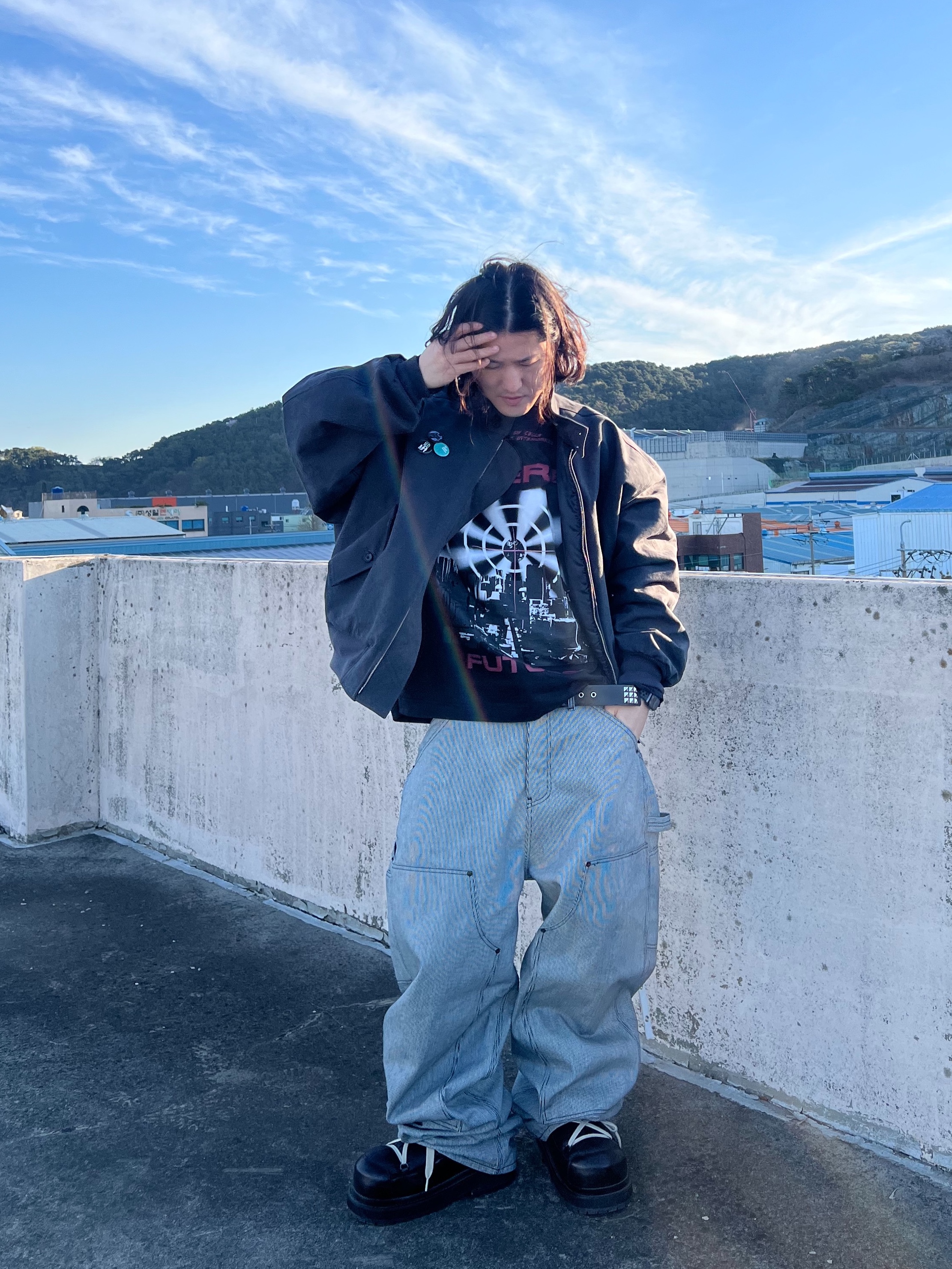 MJD Cowboy Canvas Harrington Jacket Charcoal, Undermycar Stripe Engineers Double Knee Work Pants Black Stripe - 24FW 착용 스타일 - 8