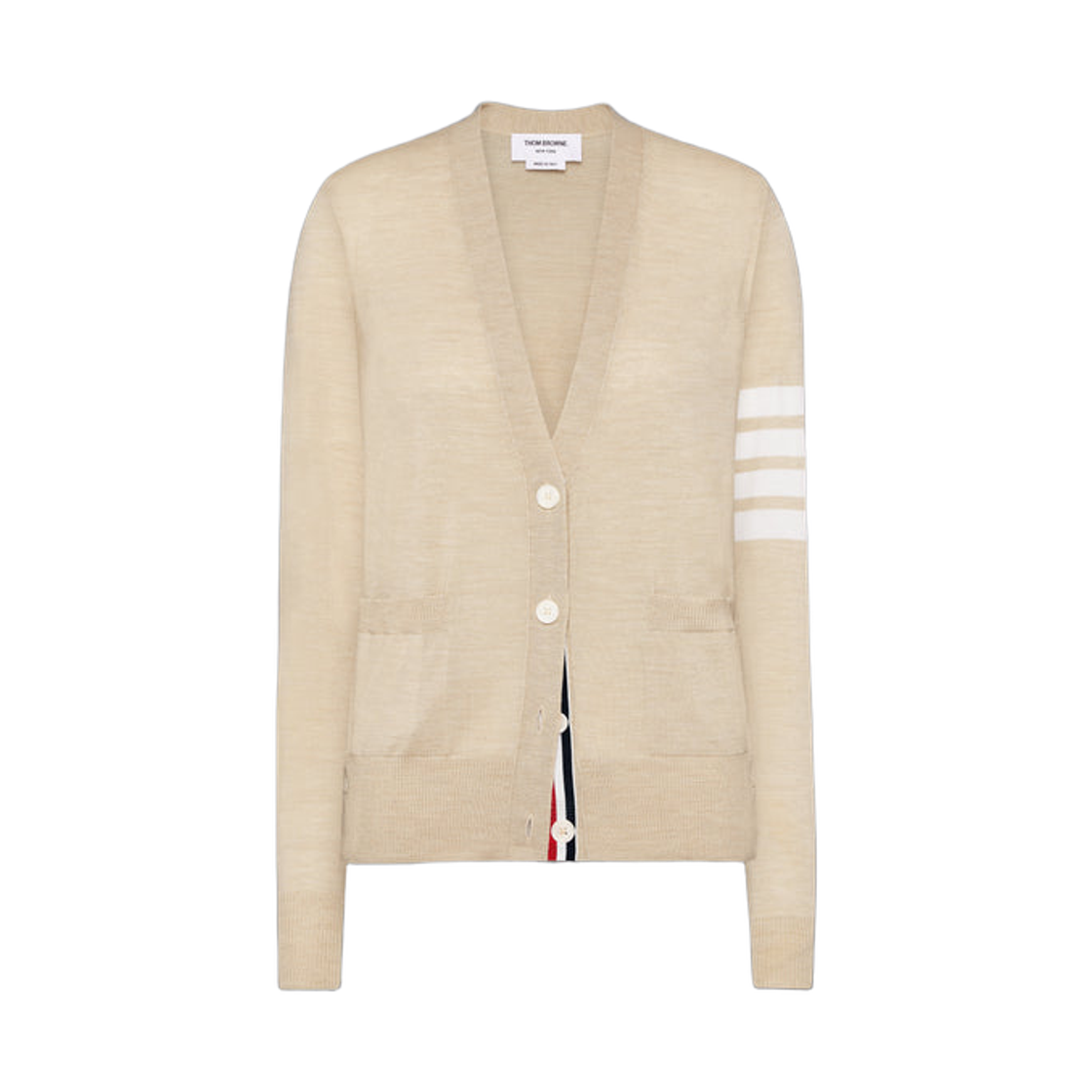 FKC334A-Y1014-260 (W) Thom Browne Fine Merino Wool 4-Bar Relaxed Fit Cardigan Beige