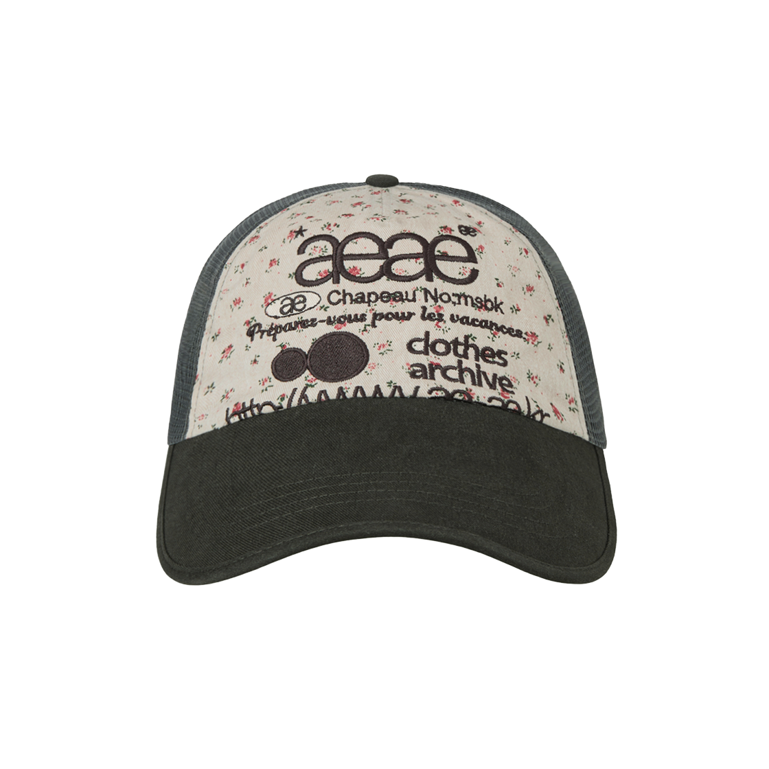에이이에이이 웹 로고 플라워 메쉬 캡 베이지 & 다크 그린(AEAE Web Logo Flower Mesh Cap Beige & Dark Green)