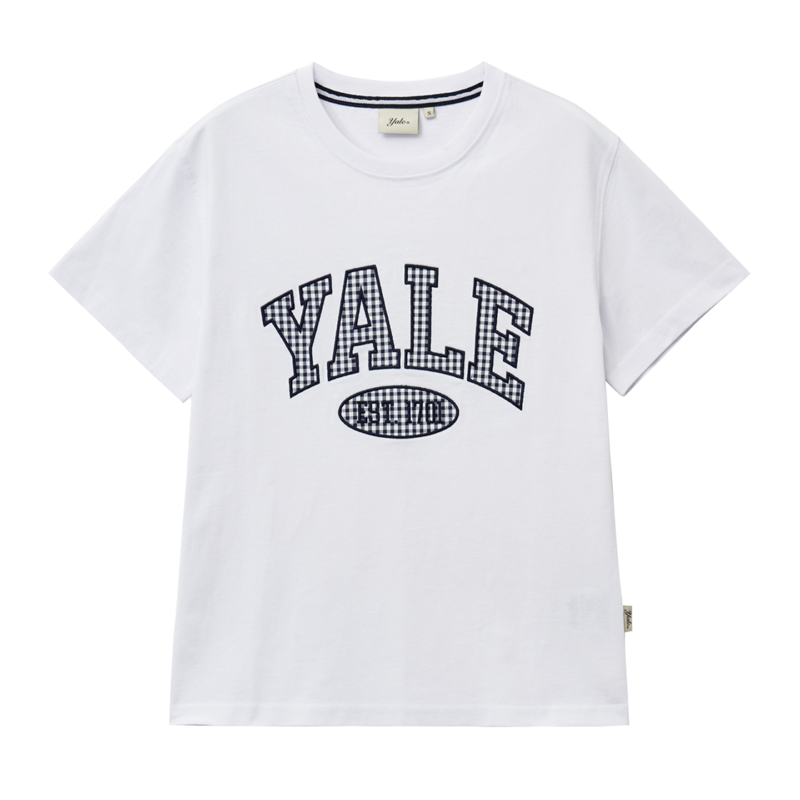예일 우먼즈 시어서커 체크 투톤 아치 티셔츠_화이트(Yale Women’s Seersucker Check Two-Tone Arch T-Shirt_White)
