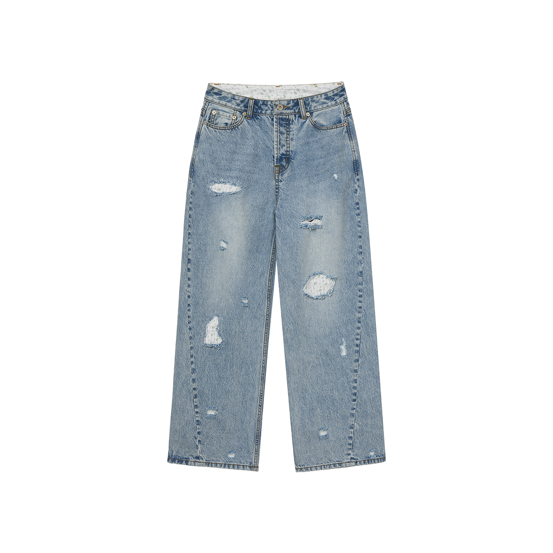[예약 배송] 에이이에이이 플라워 패치워크 데님 팬츠 라이트 블루([예약 배송] AEAE Flower Patchwork Denim Pants Light Blue)