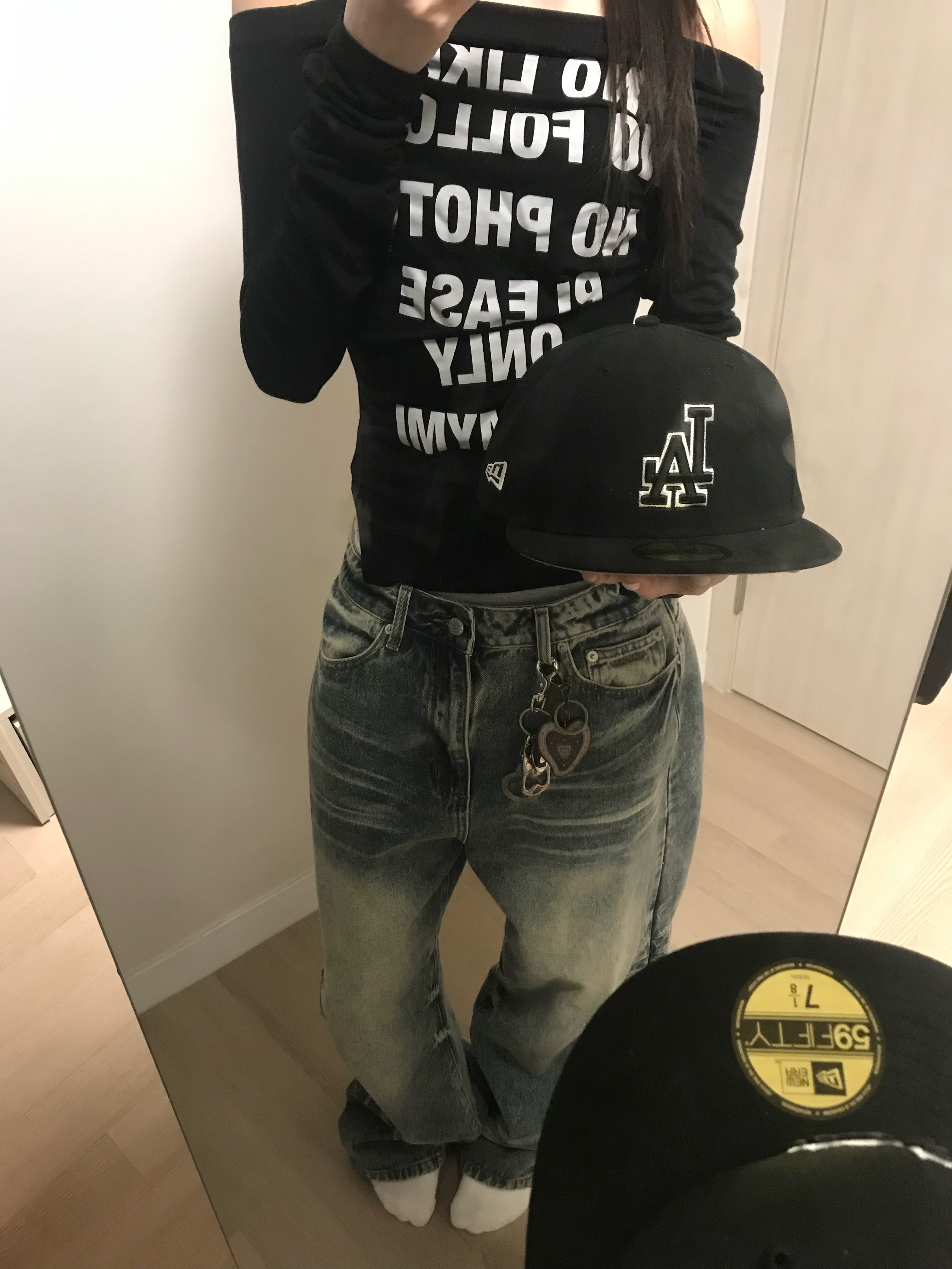 New Era 59Fifty MLB 2025 Player LA Dodgers Shohei Ohtani Fitted Cap Dark Royal, Aakam Washed Zipper Slit Denim Pants Sky Blue 착용 스타일 - 1