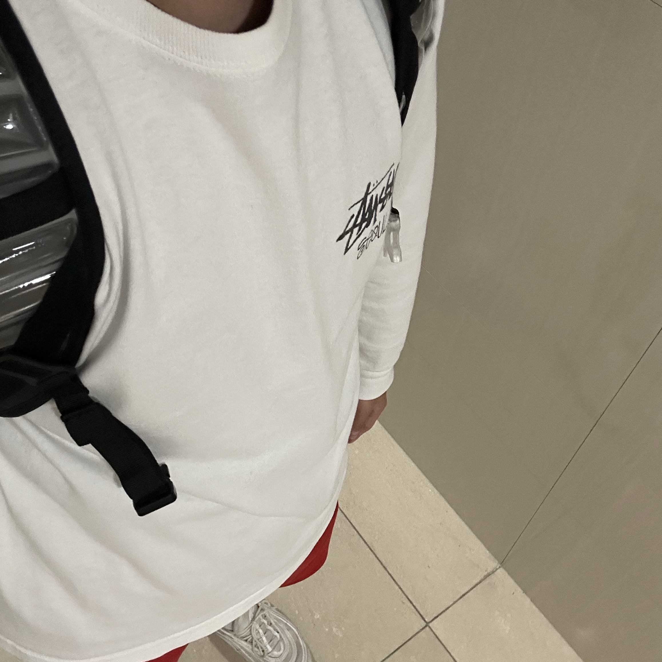 Stussy Stock Seoul LS T-Shirt White, Adidas Adicolor Firebird Shorts Better Scarlet White - KR Sizing 착용 스타일