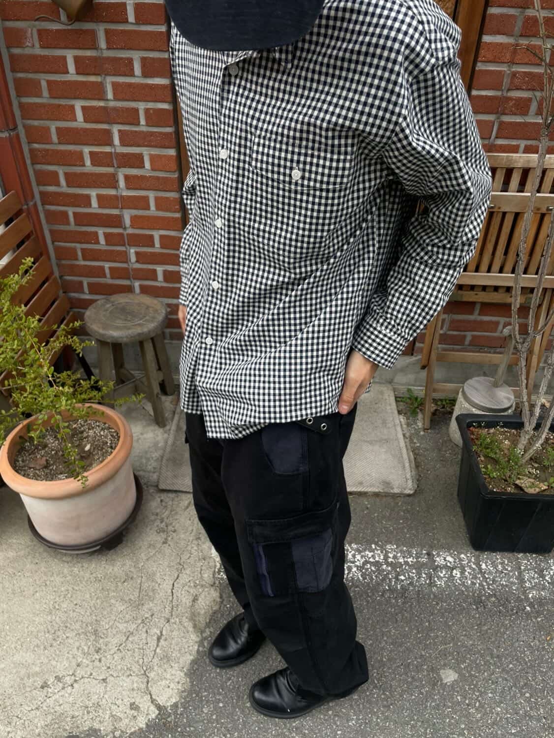 CHOWOO Mixed Fabric m65 Pants Washed Navy, CHOWOO One Pocket Regular Check Shirt Navy 착용 스타일 - 6