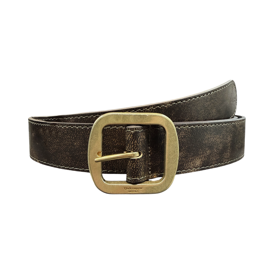 언더마이카 무.128 오리지널 로고 크랙 레더 벨트 골드 / 브라운(Undermycar MU.128 Original Logo Cracked Leather Belt Gold / Brown)