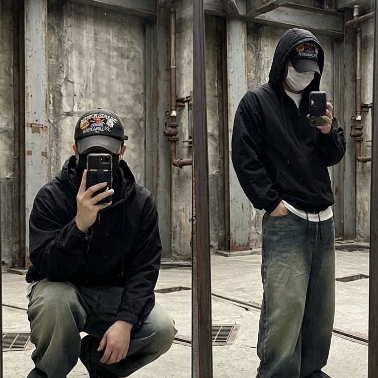 Undermycar Mu.26 Anti Fxxking Logo Play Brush Washed Wide Jeans Oil Blue 착용 스타일 - 1