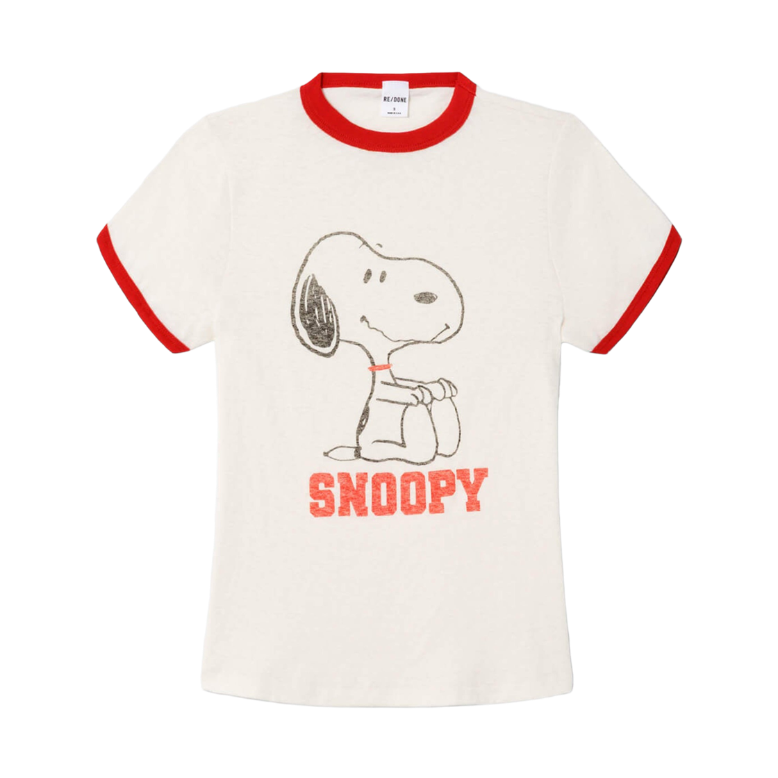 (W) 리던 60s 슬림 링거 스누피 티셔츠 빈티지 화이트 크림슨((W) Re/Done 60s Slim Ringer Snoopy T-Shirt Vintage White Crimson)