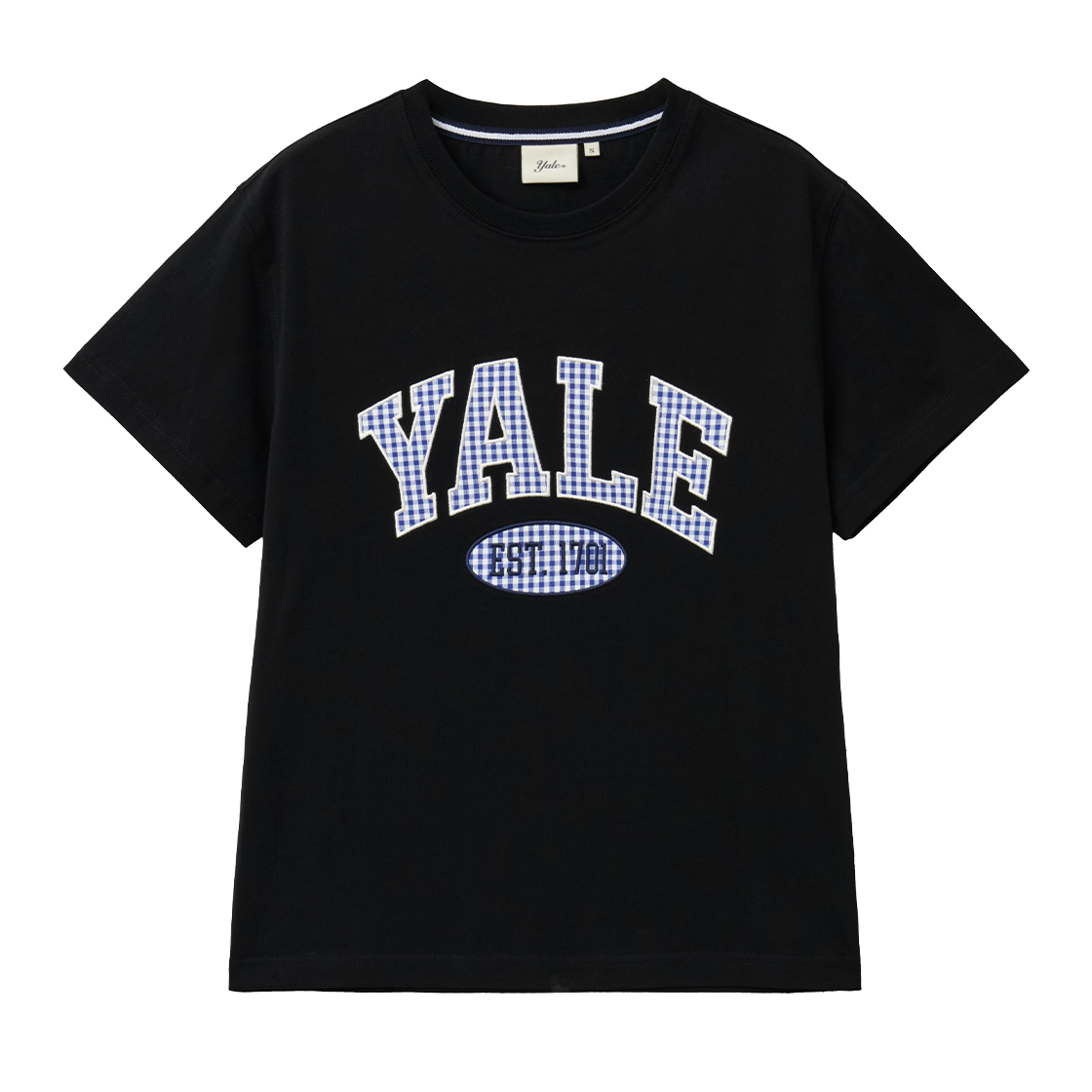 예일 우먼즈 시어서커 체크 투톤 아치 티셔츠_블랙(Yale Women’s Seersucker Check Two-Tone Arch T-Shirt_Black)
