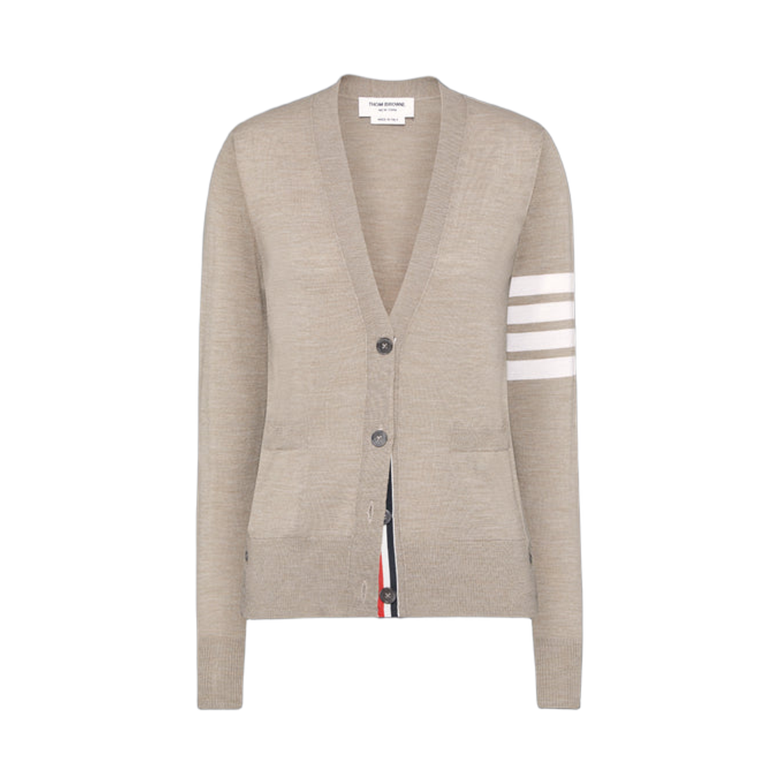 FKC334A-Y1014-215 (W) Thom Browne Fine Merino Wool 4-Bar Relaxed Fit Cardigan Brown