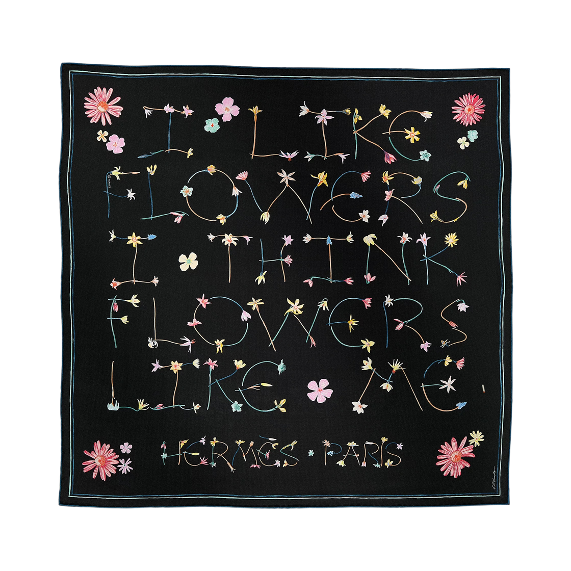 H984167S11 (W) Hermes I Like Flowers Scarf 70 Noir Rose Multicolore