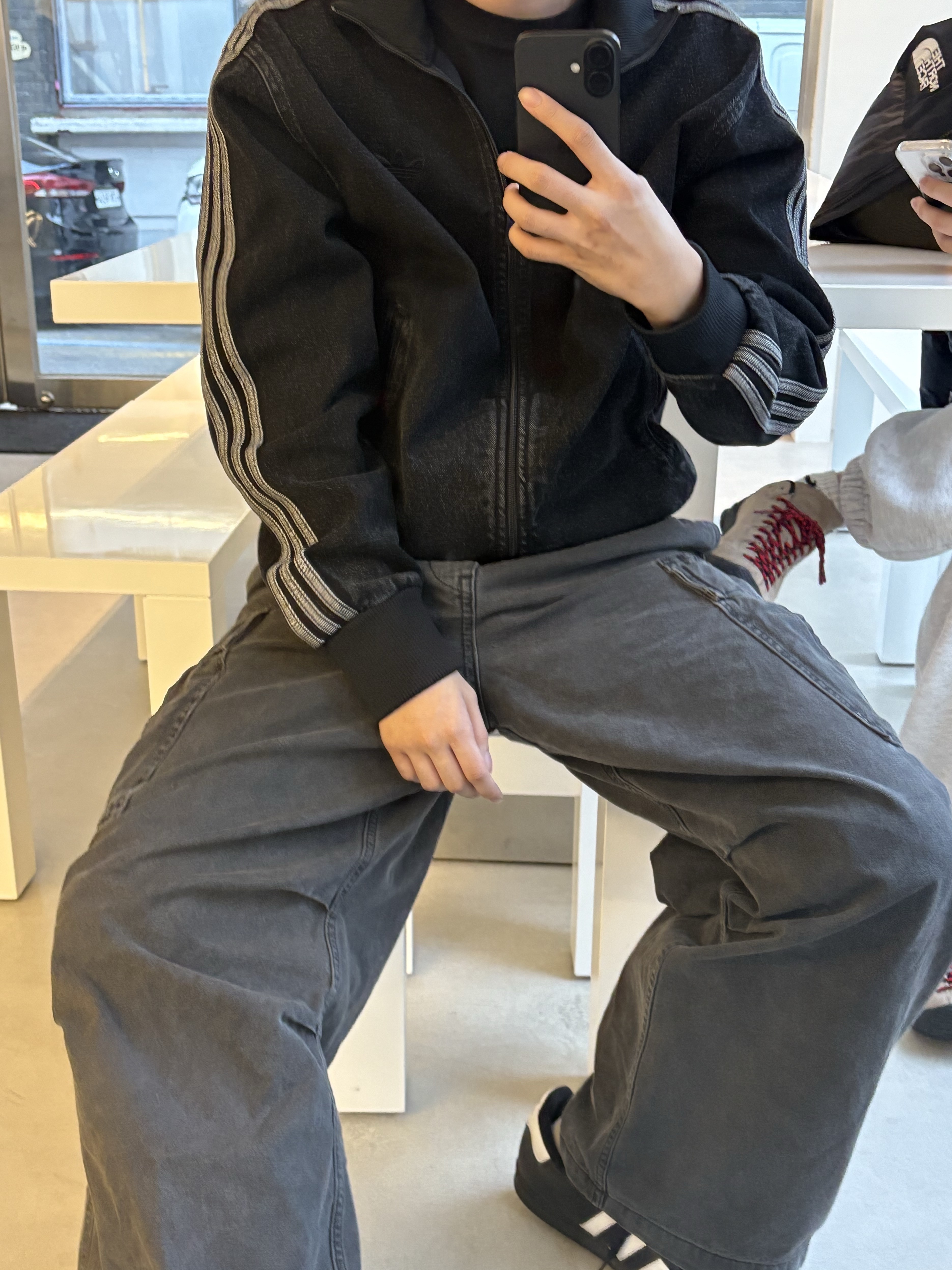 Adidas Adicolor Denim Firebird Track Top True Black Denim  - KR Sizing, Adidas Superstar Core Black White 착용 스타일