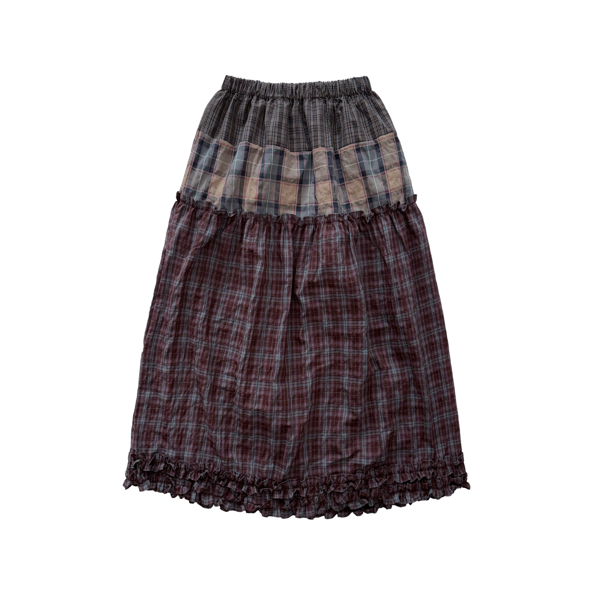 오드미 체크 프릴 스커트 - 버건디(ODDME Check frill skirt - Burgundy) - 2