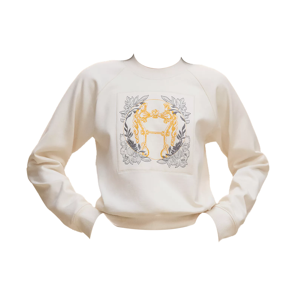(W) 에르메스 델라 카발레리아 레글런 슬리브 자수 스웨트셔츠 블랑 카세((W) Hermes Della Cavalleria Raglan Sleeve Embroidered Sweatshirt Blanc Casse)