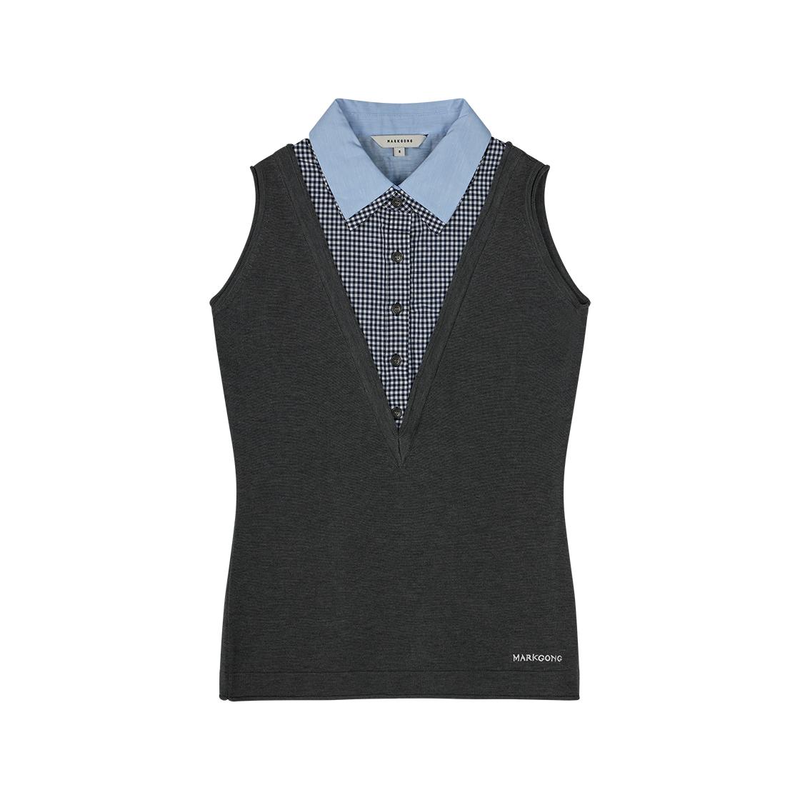 마크공 우먼 그레이 슬리브리스 니트 탑 위드 멀티 레이어 칼라 그레이 - 26SS(Markgong Women Grey Sleeveless Knit Top With Multi Layer Collar Gray - 26SS)