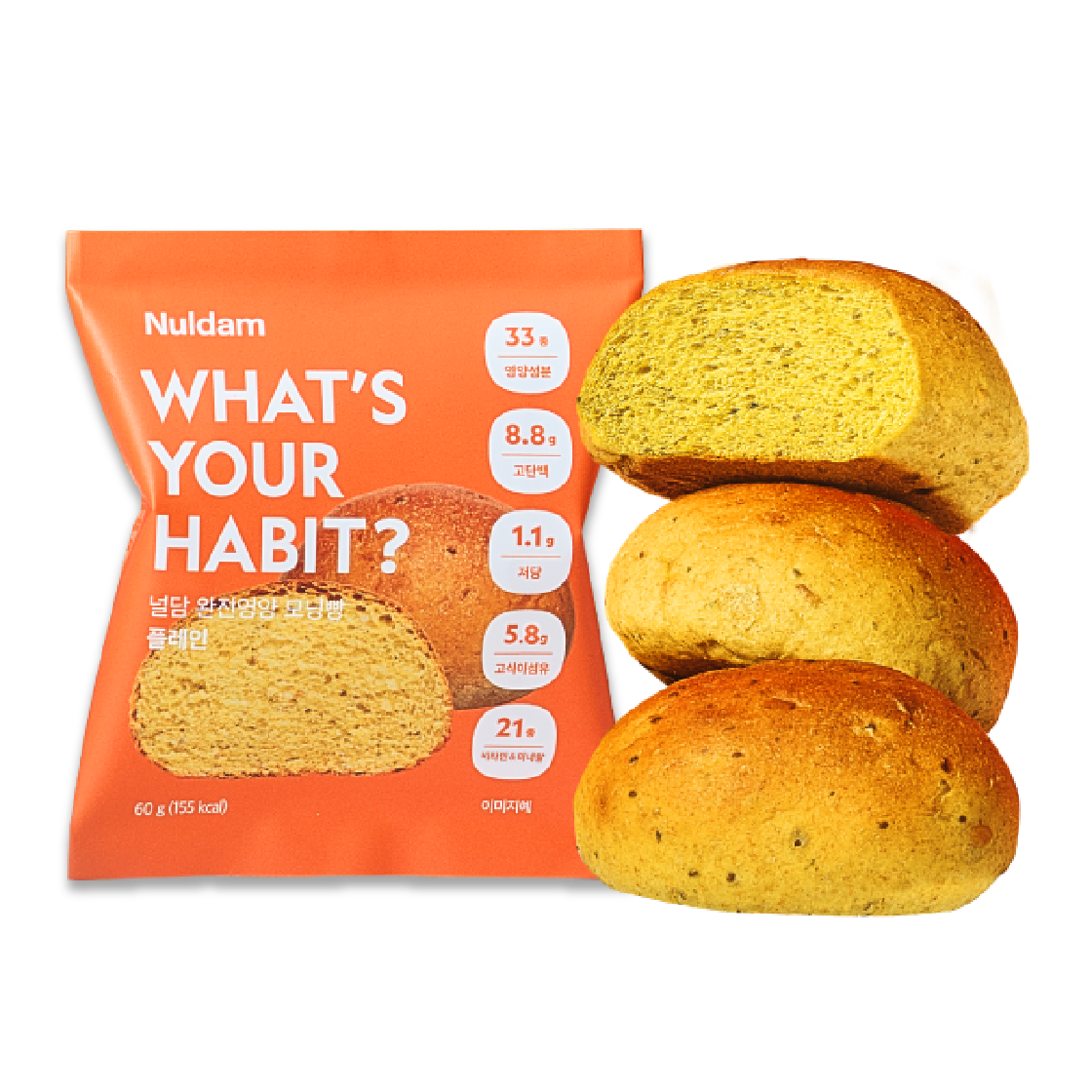 널담 뉴트리션 완전영양 라이트번 저당 고단백 모닝빵 플레인 60g 5봉(Nuldam Nutrition Complete "Light-Burn" Plain Morning Rolls)