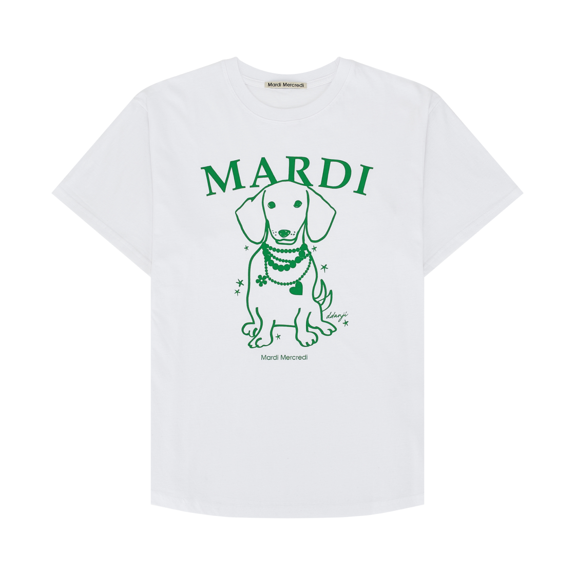 (W) 마르디 메크르디 스윙 더 테일 딴지 펄 네클리스 티셔츠 화이트 그린((W) Mardi Mercredi Swing The Tail Ddanji Pearl Necklace T-Shirt White Green)