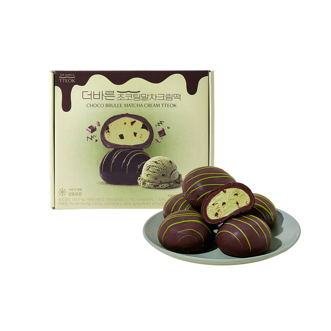 더바른떡 초코팅 말차크림떡 (70g * 6개입) 1박스(THE BAREUN TTEOK Choco Brulee Matcha Cream Tteok (70g *6EA) 1Box)