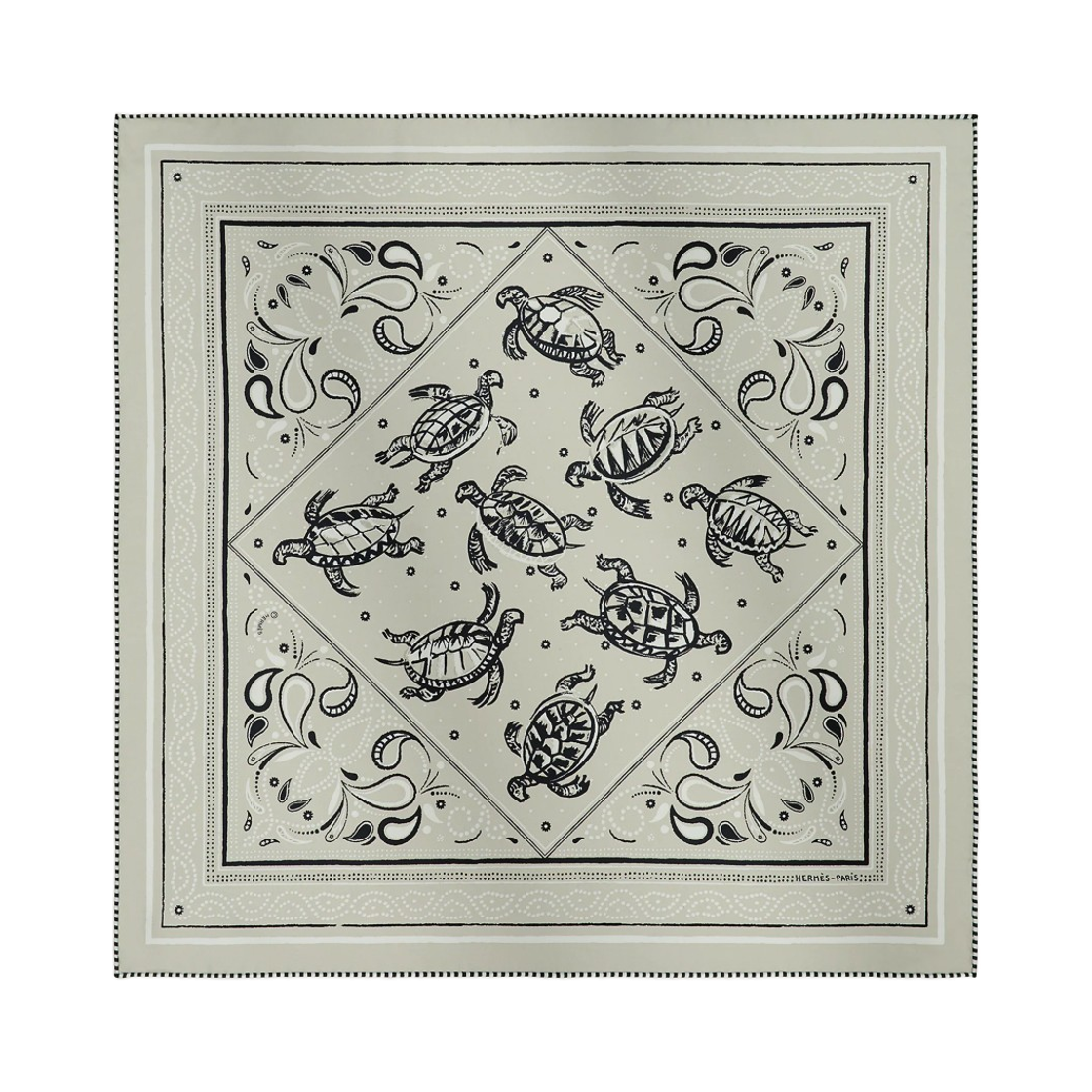 H044352S02 (W) Hermes Les Tortues Bandana 55 Silk Twill & Grege Noir Blanc