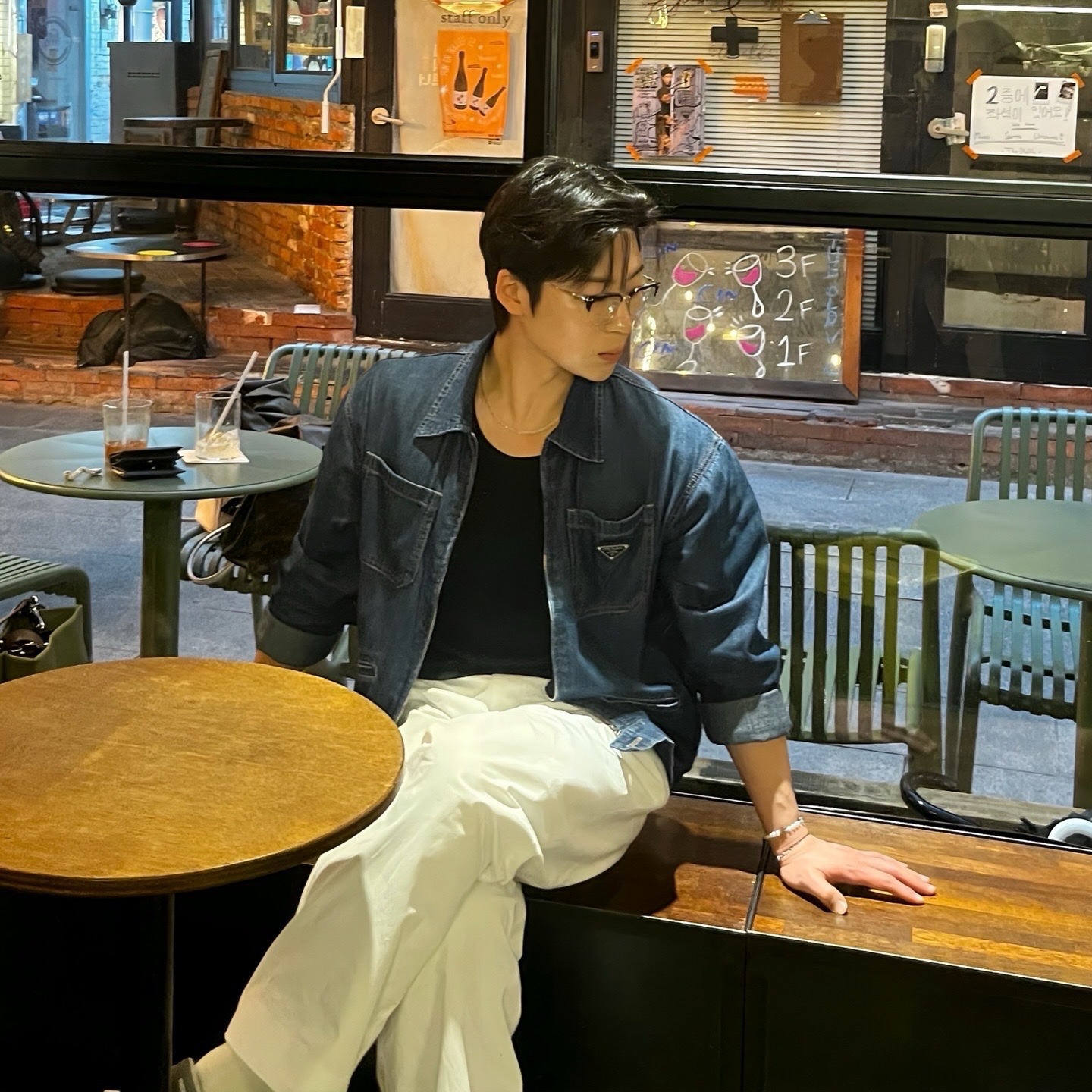 Chrome Hearts Sluntradiction 54 Black Shiny Silver - Titanium Nose Pad, Prada Men's Light Denim Zip Crop Jacket - Navy 착용 스타일 - 2