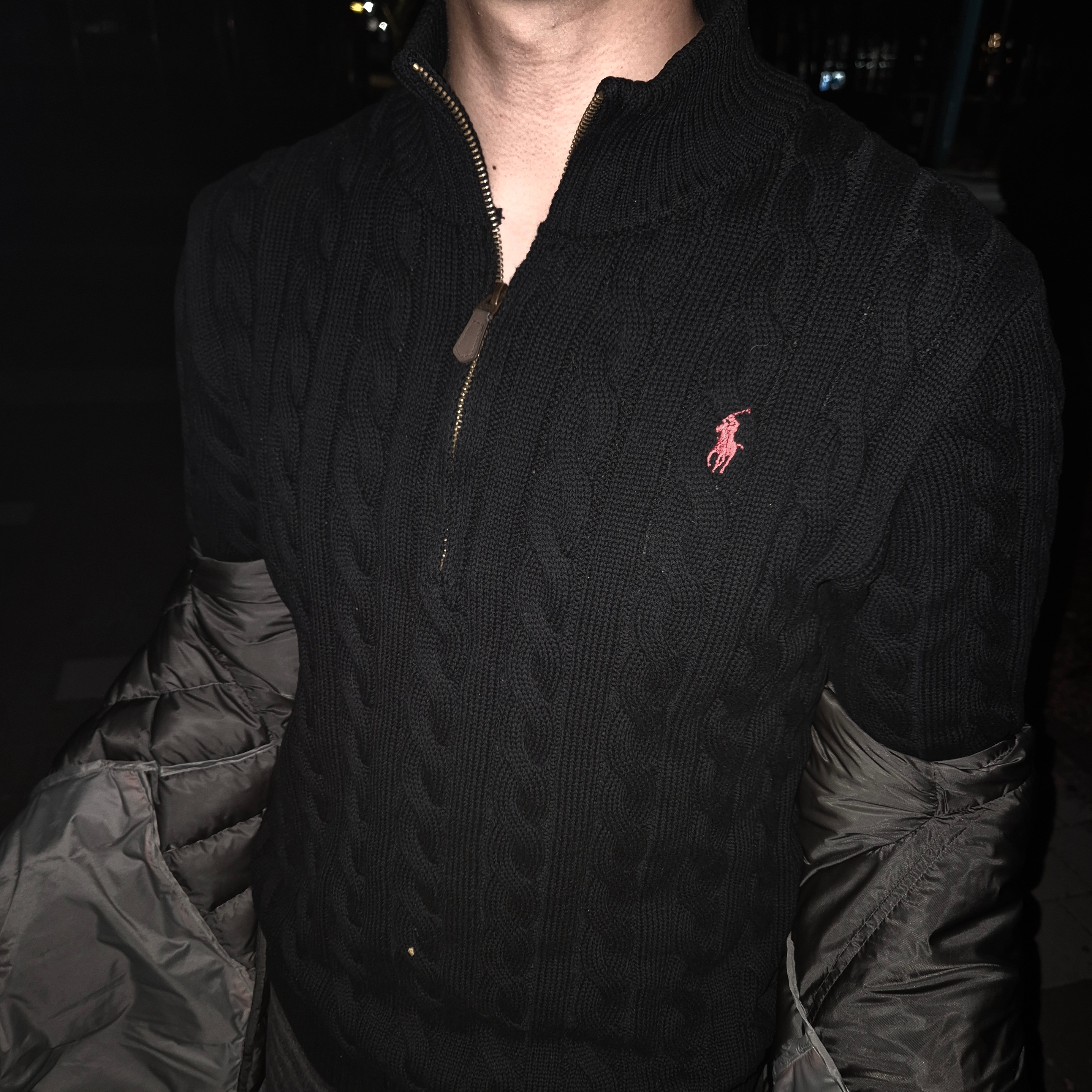 [10%적립] Polo Ralph Lauren Cable Knit Cotton Quarter Zip Sweater Polo Black - 26SS 착용 스타일