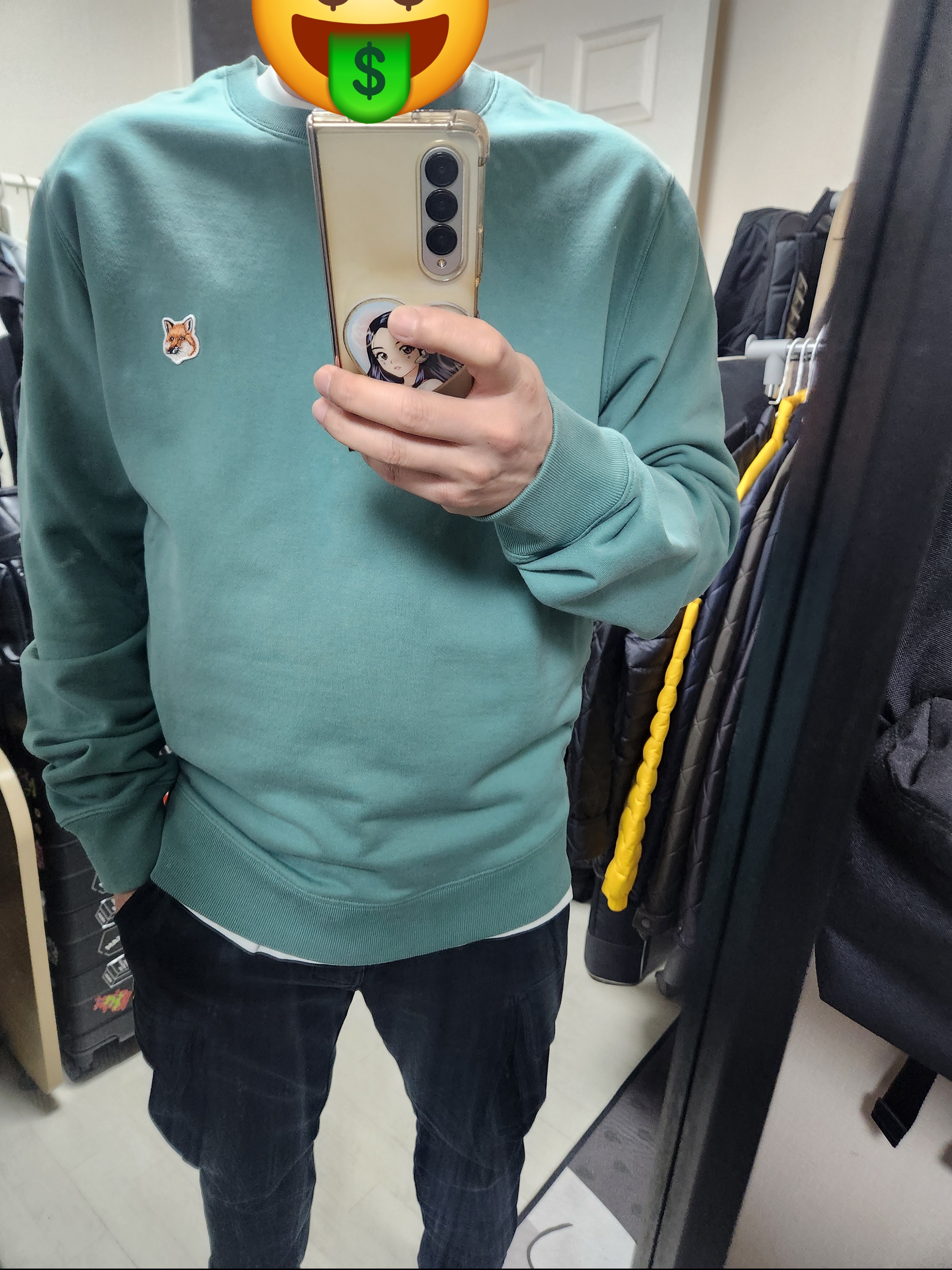 Jordan 1 Mid Lucky Green, Maison Kitsune Fox Head Patch Regular Sweatshirt Teal Grey 착용 스타일 - 2