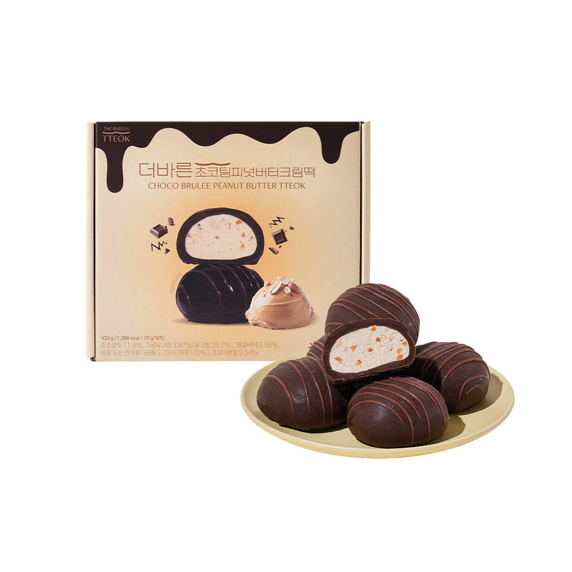 더바른떡 초코팅 피넛버터크림떡 (70g * 6개입) 1박스(THE BAREUN TTEOK Choco Brulee Peanut Butter Tteok (70g * 6EA) 1Box)