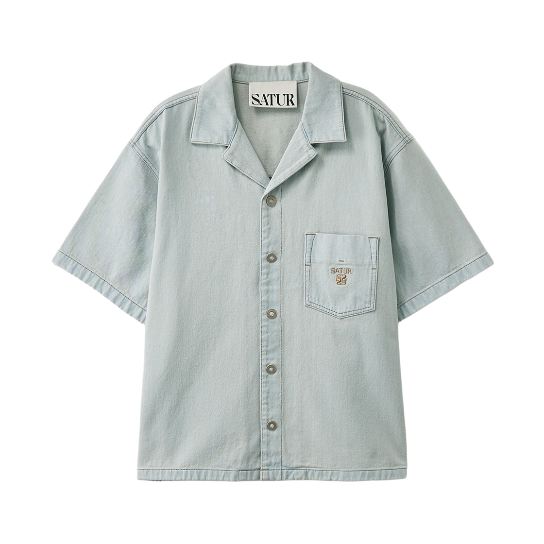 세터 오픈 칼라 하프 데님 셔츠 라이트 블루(SATUR Open Collar Half Denim Shirt Light Blue)