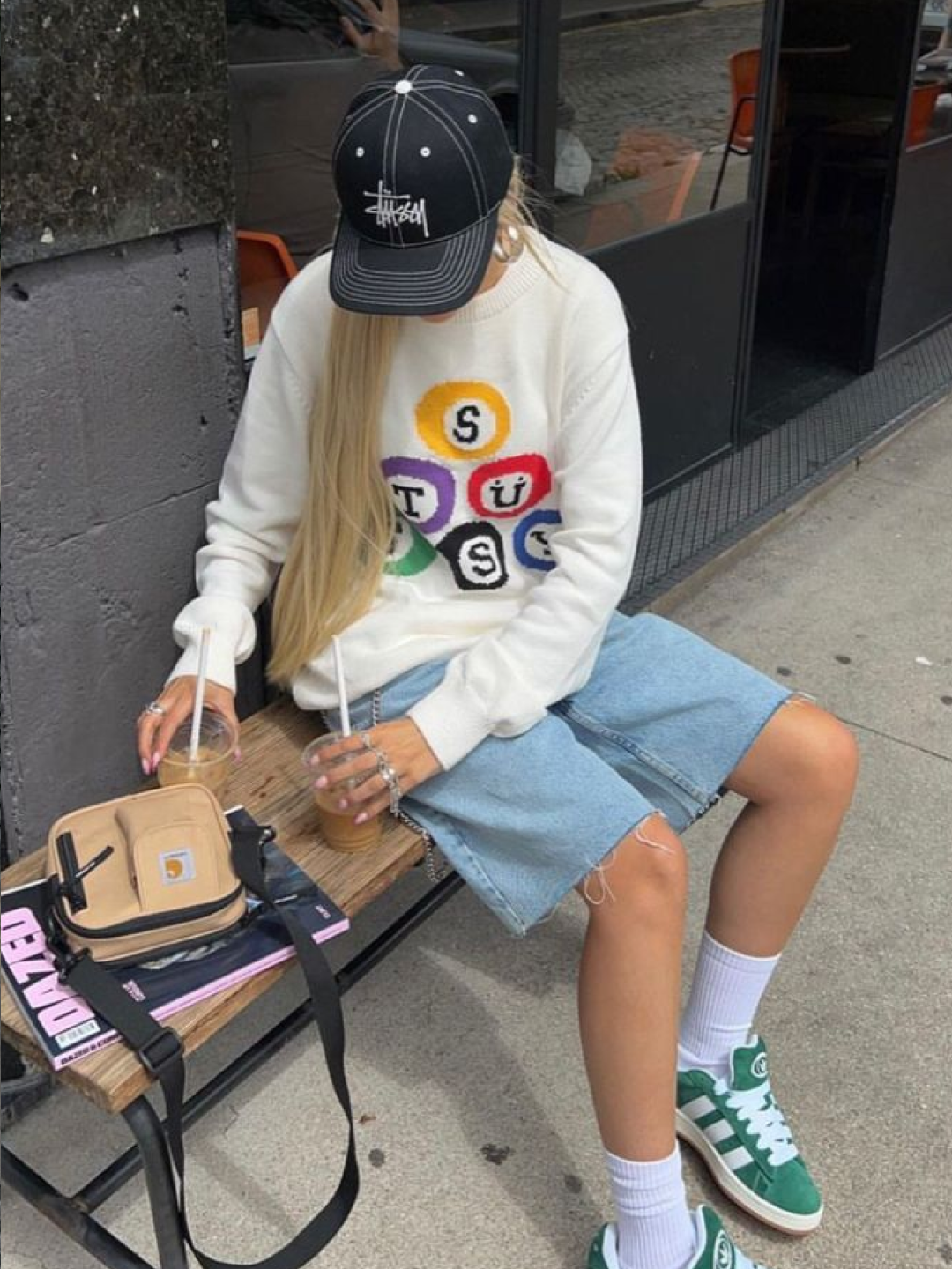 Stussy Dice Pigment Dyed Crew Natural, Stussy Relaxed Oversized Crew Green 착용 스타일 - 4