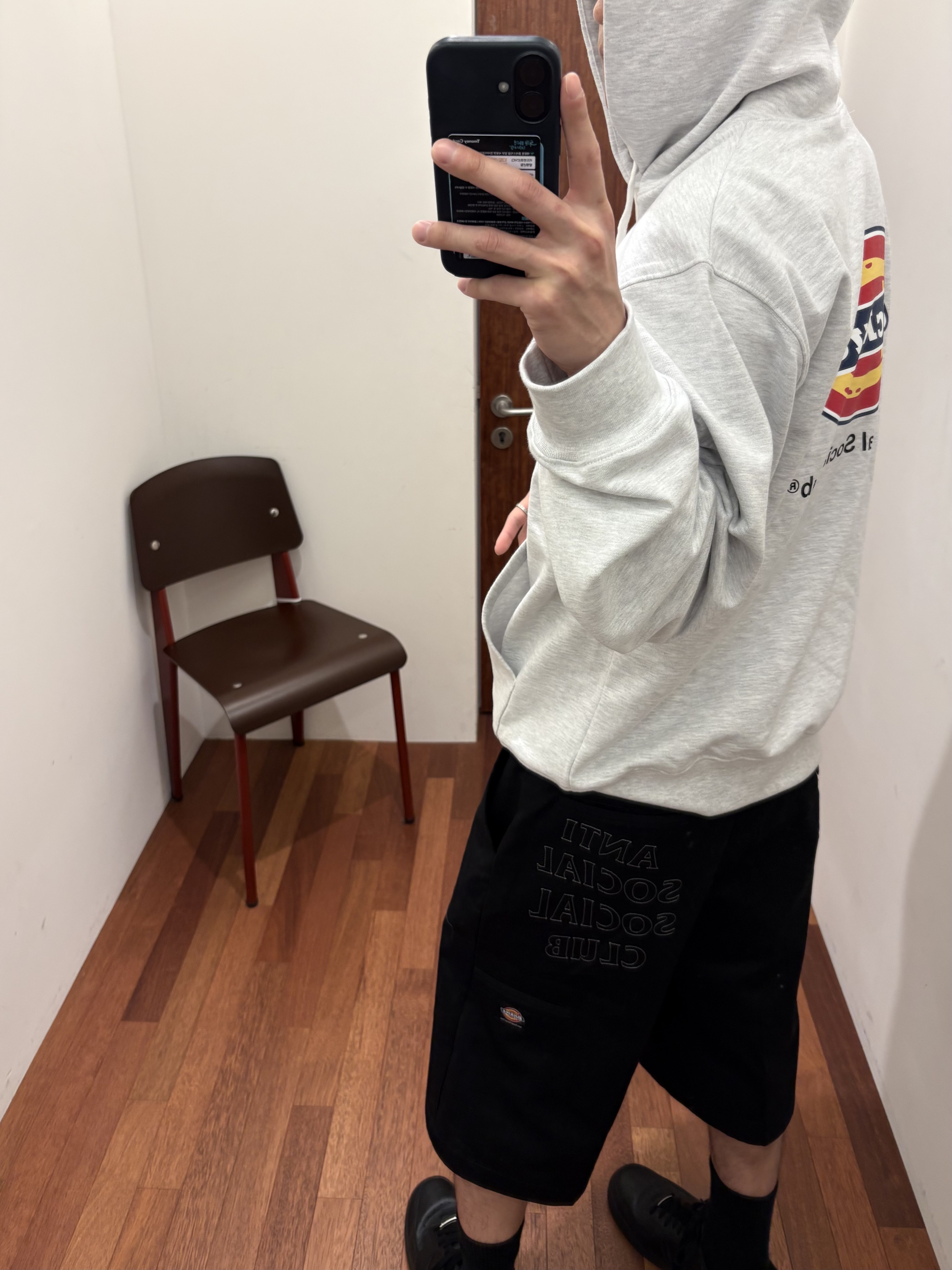 Anti Social Social Club x Dickies Logo Hoodie Heather Gray, Anti Social Social Club x Dickies Work Shorts Black 착용 스타일 - 3