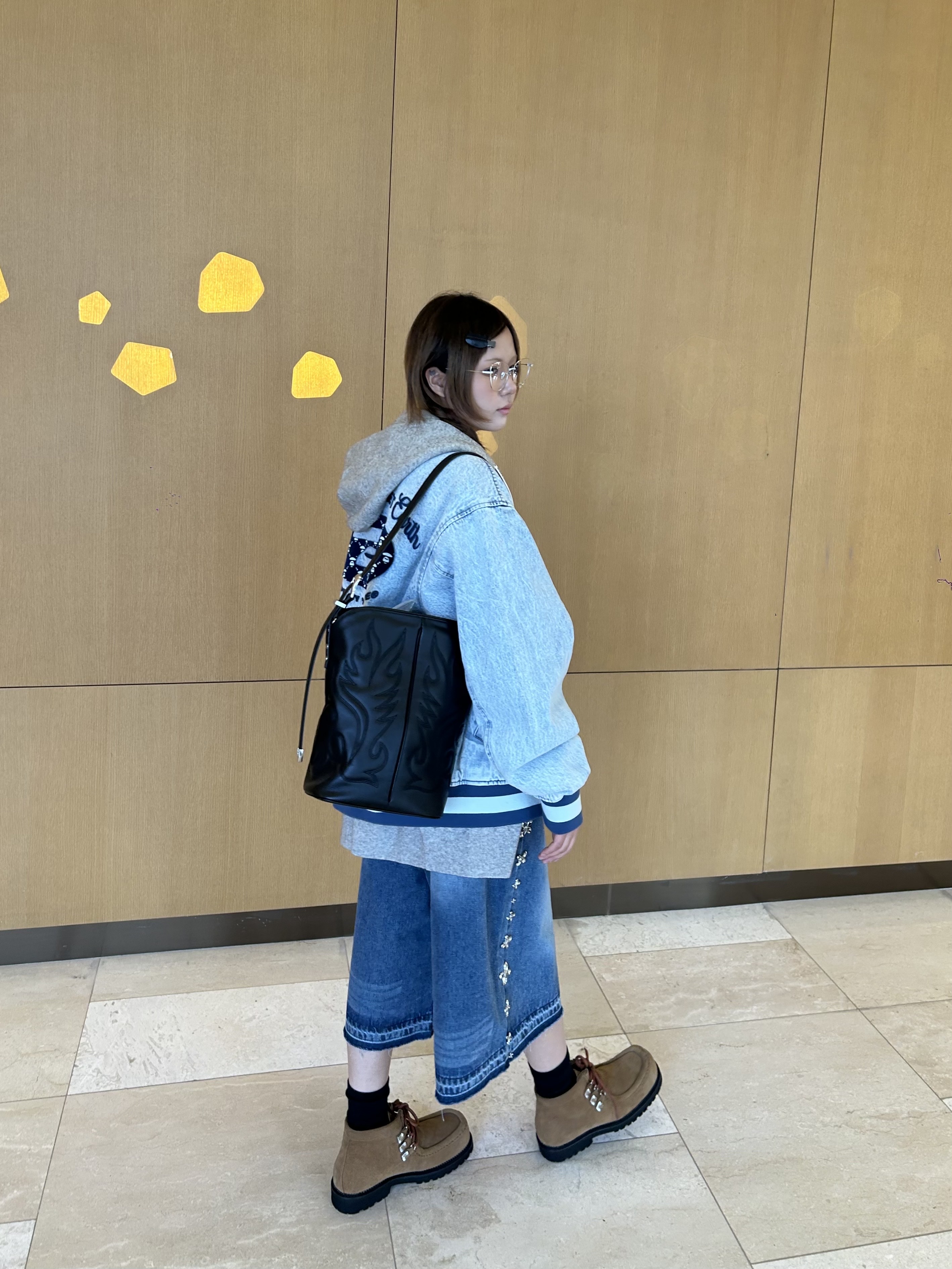 AAPE Denim Varsity Jacket Blue - 26SS 착용 스타일 - 2